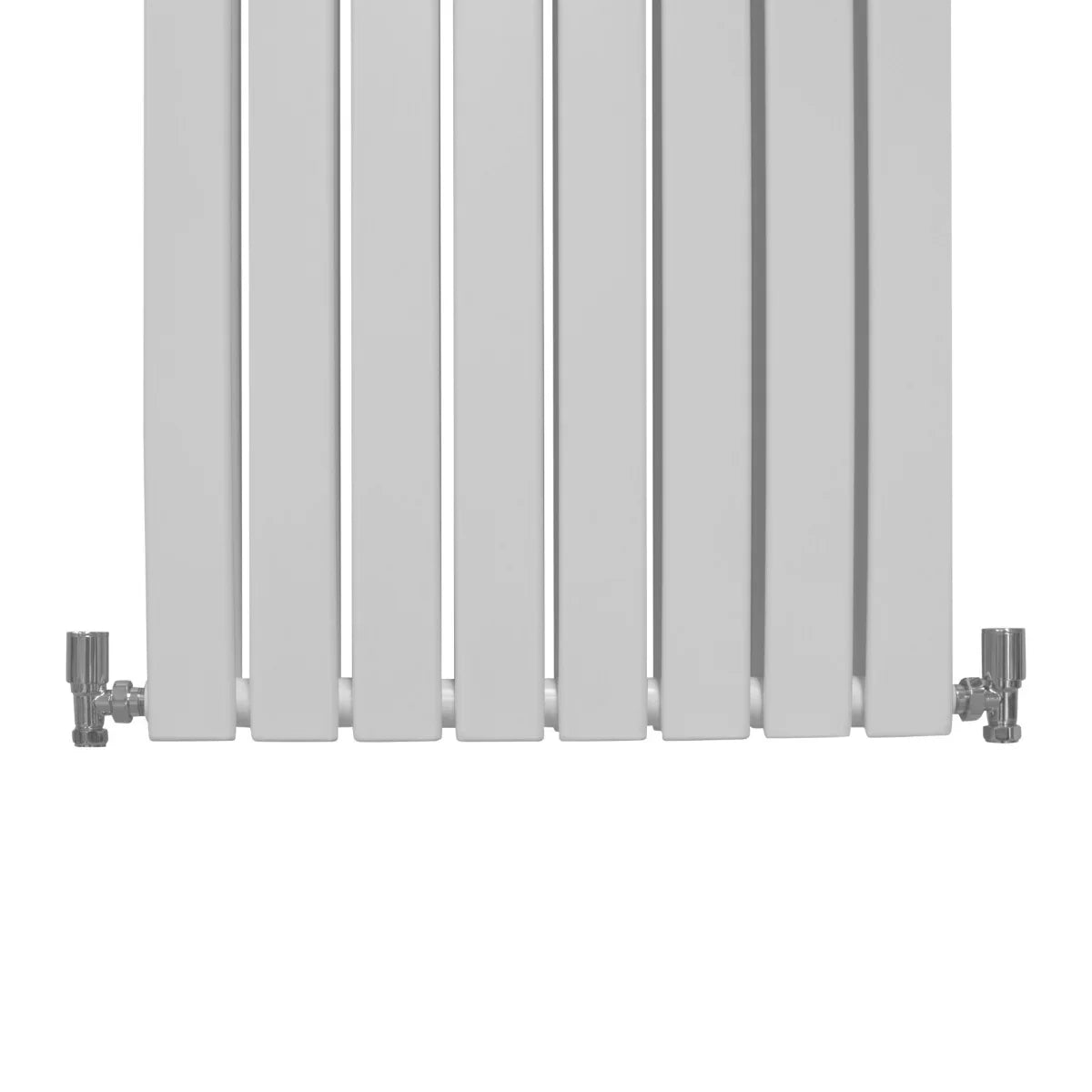 Gloss white designer flat panel radiator, 1600mm x 560mm, featuring sleek vertical lines and polished chrome valves at the base