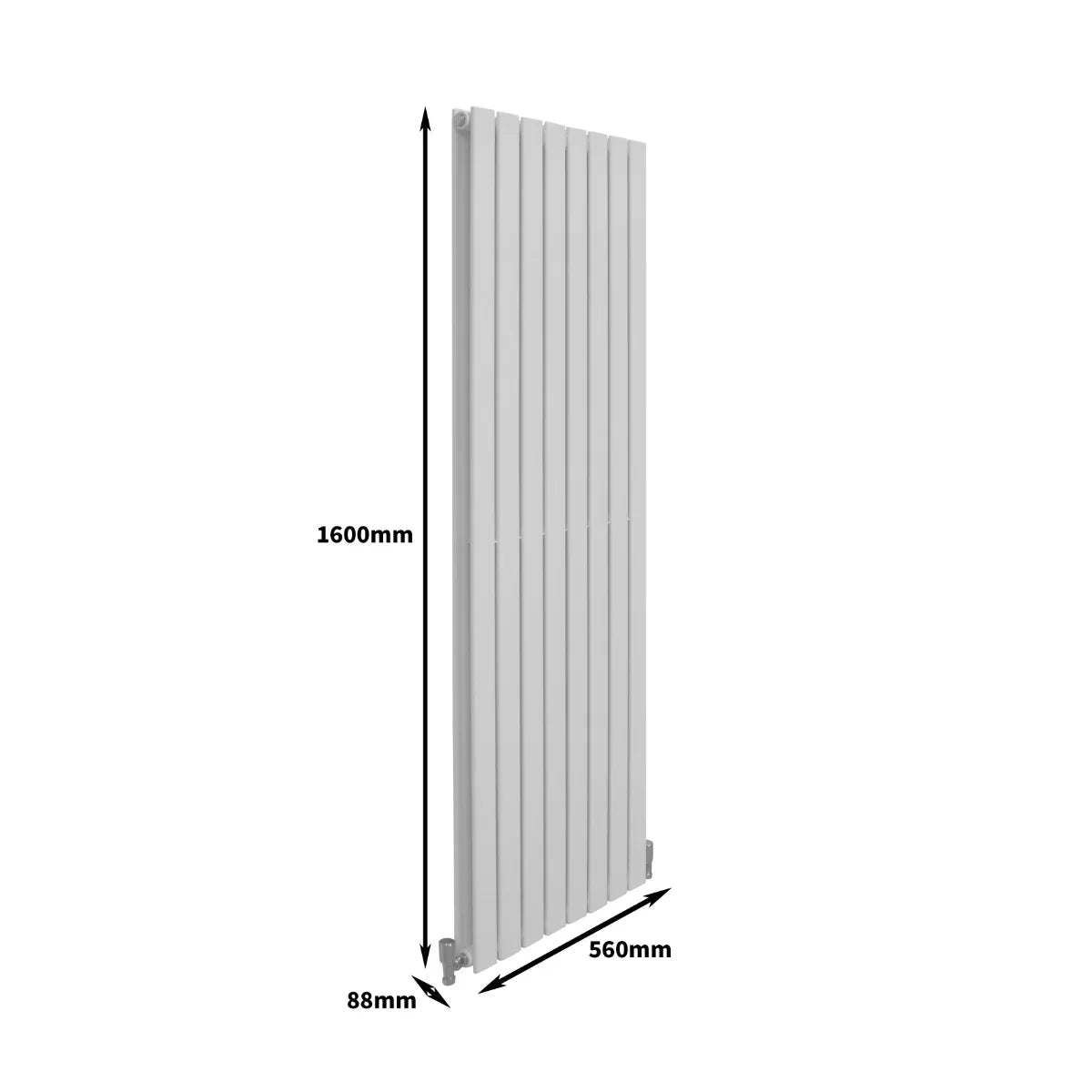 Gloss white designer flat panel radiator, 1600mm x 560mm, featuring a sleek vertical design and smooth, modern finish
