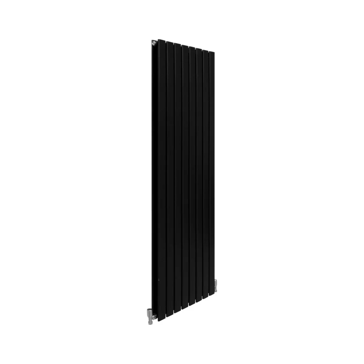 Sleek matt black designer flat panel radiator, 1600mm x 560mm, featuring vertical slats and a modern minimalist design