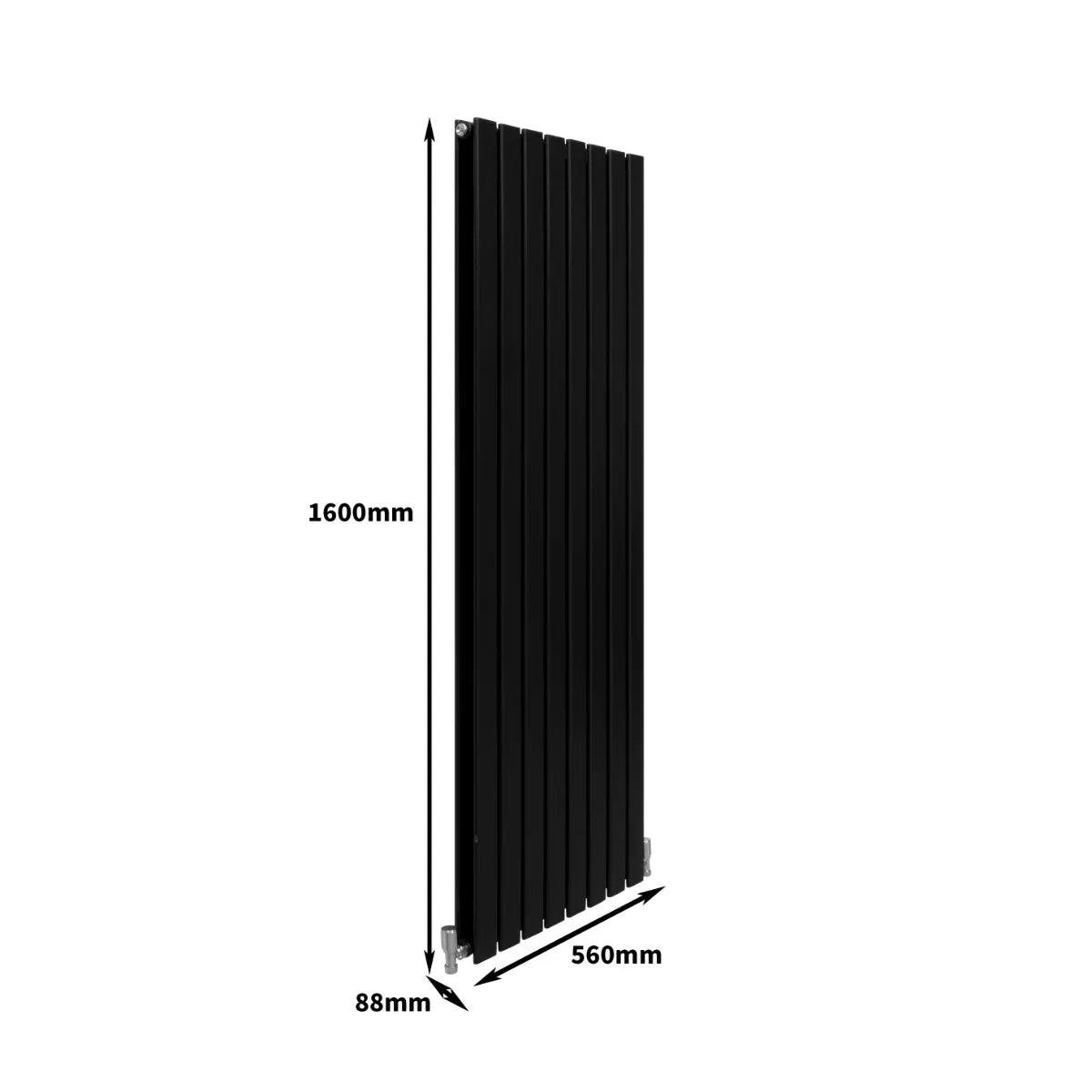 Sleek matt black designer flat panel radiator, measuring 1600mm x 560mm, featuring vertical slats for modern decor