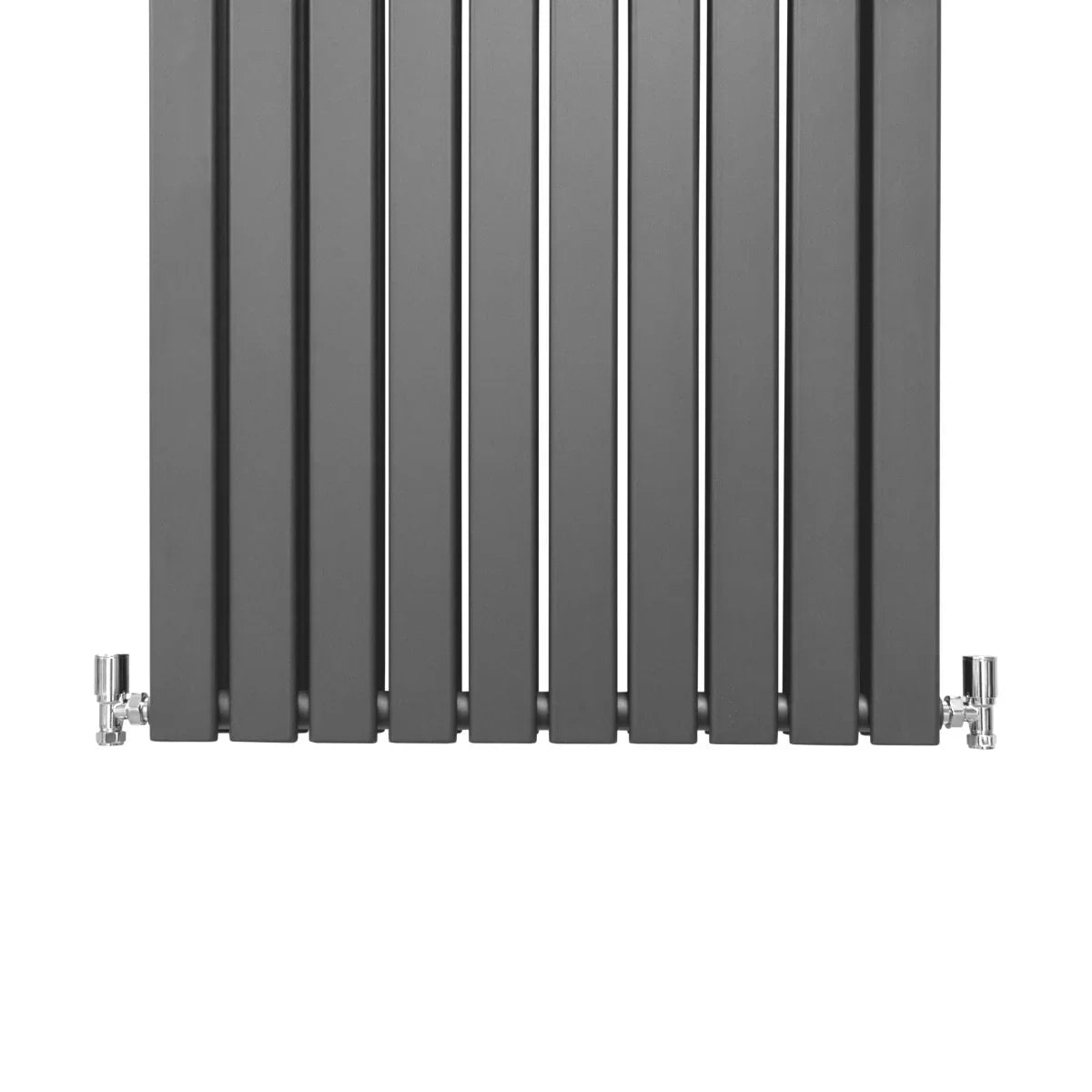Designer flat panel radiator in anthracite grey, 1600mm x 700mm, featuring sleek vertical lines and chrome valves for modern decor