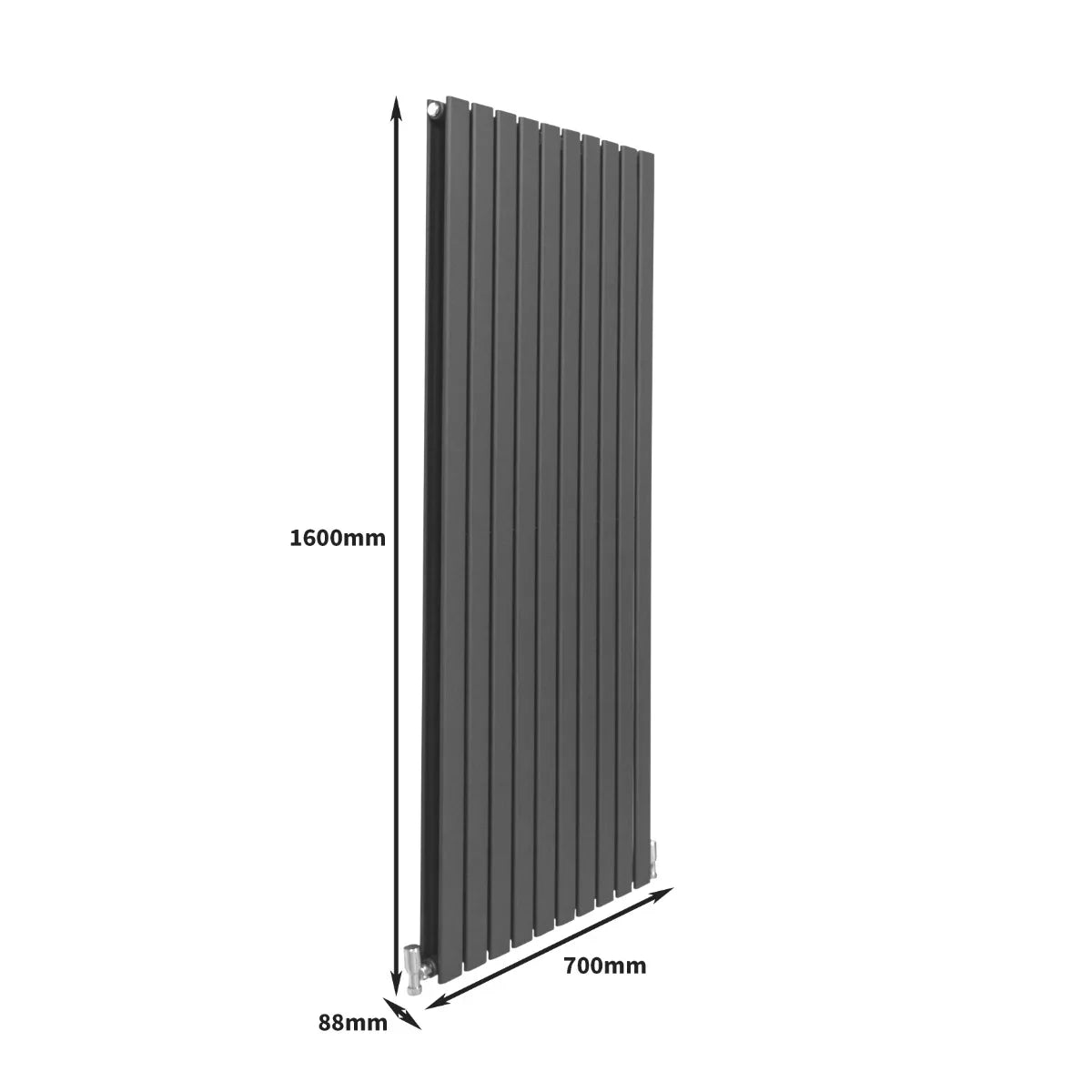 Designer flat panel radiator in anthracite grey, measuring 1600mm x 700mm, featuring sleek vertical lines and a modern finish