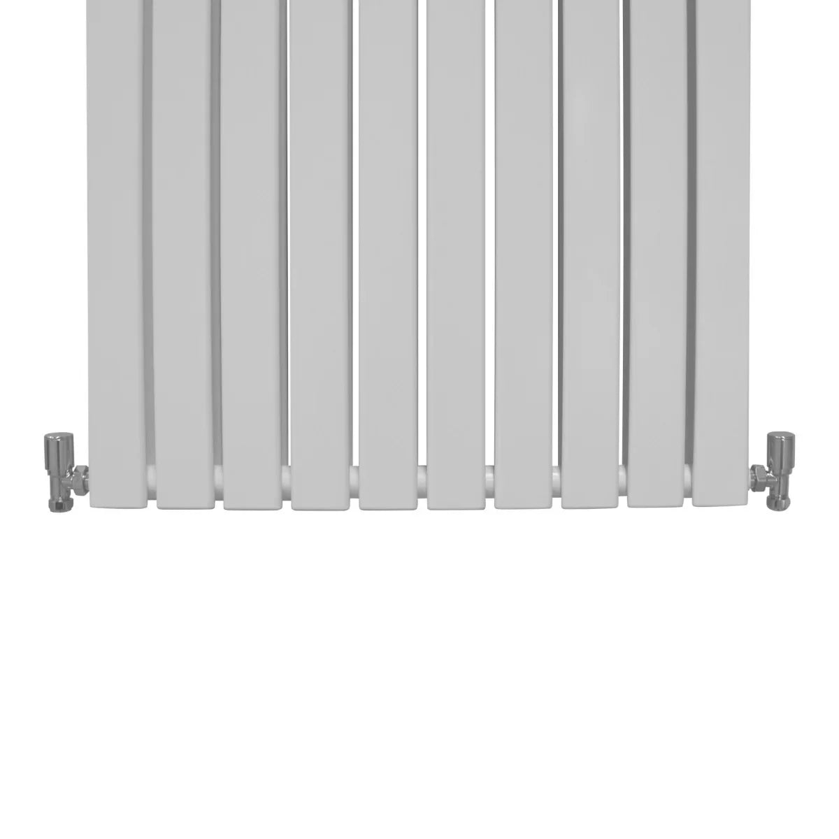 Gloss white designer flat panel radiator with sleek vertical lines, measuring 1600mm x 700mm, featuring polished chrome valves