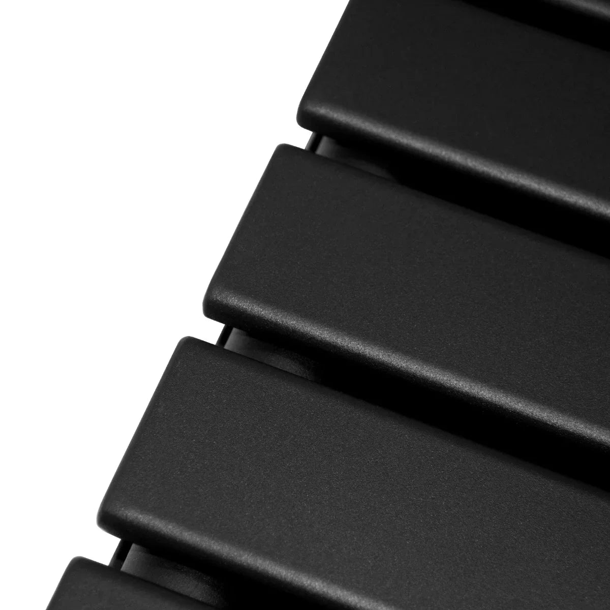 Sleek matt black designer flat panel radiator with a modern, minimalist design, showcasing a smooth, textured surface and horizontal slats