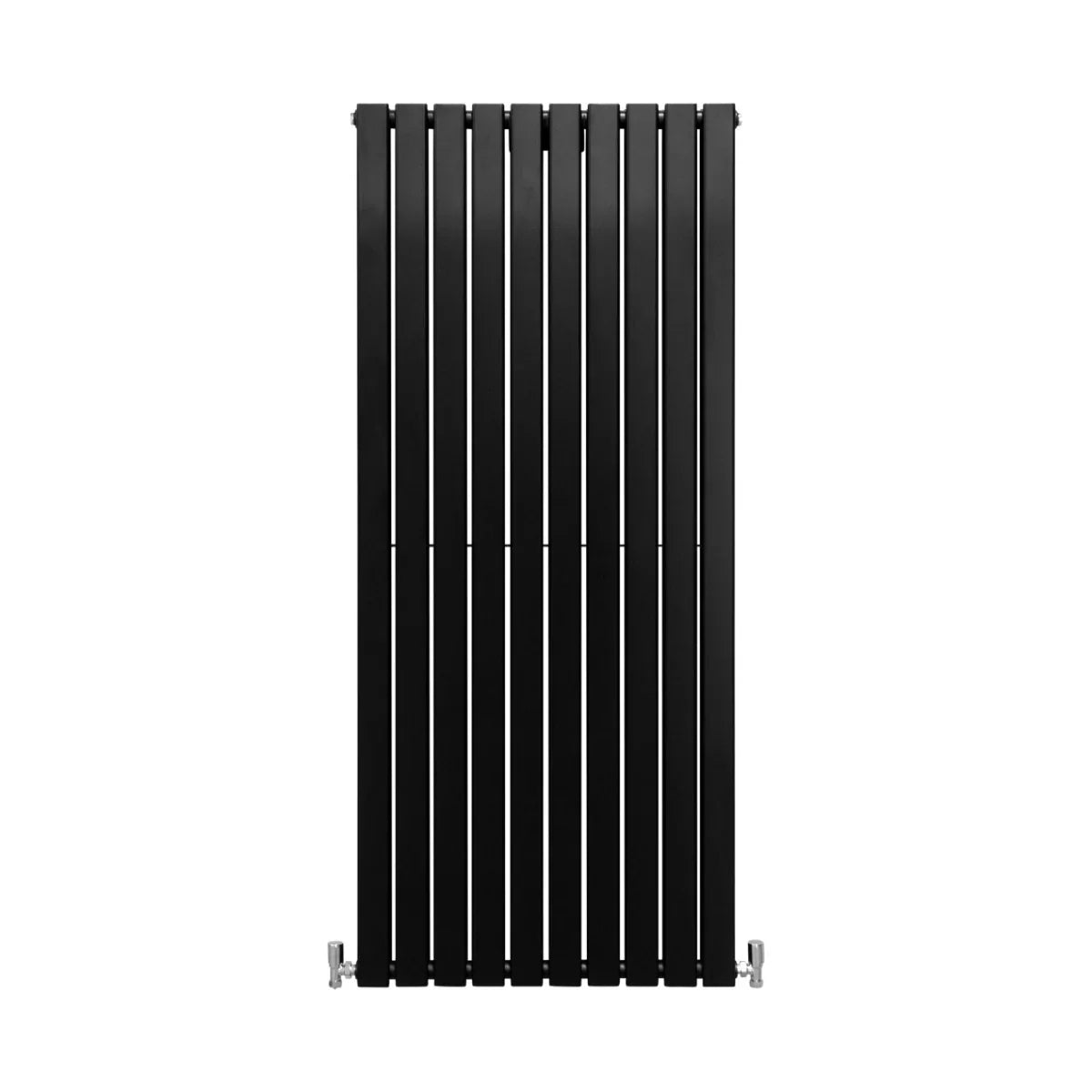 Sleek matt black designer flat panel radiator, 1600mm x 700mm, featuring vertical slats and modern minimalist design for stylish heating