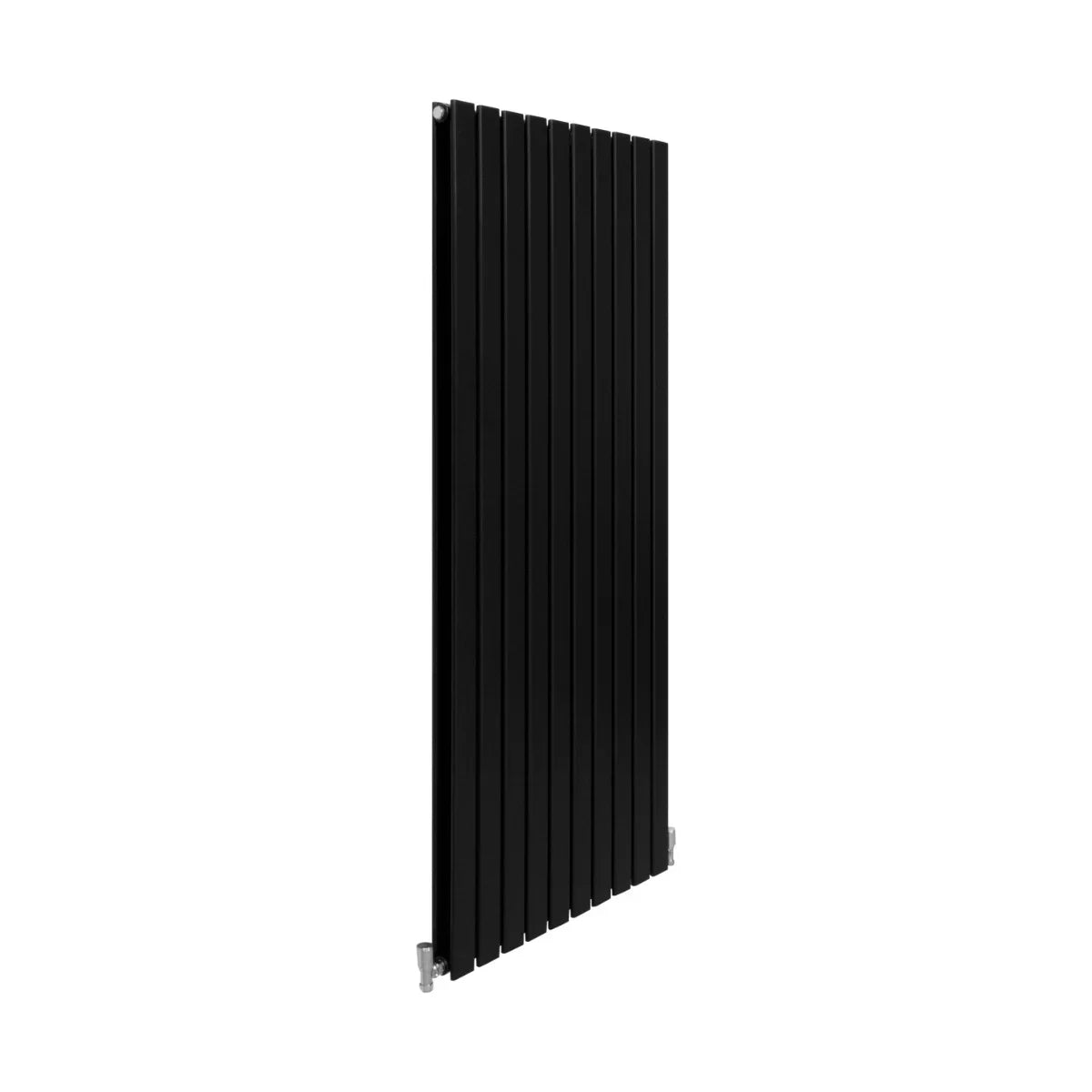 Sleek matte black designer flat panel radiator, 1600mm x 700mm, featuring vertical slats for modern heating efficiency and style