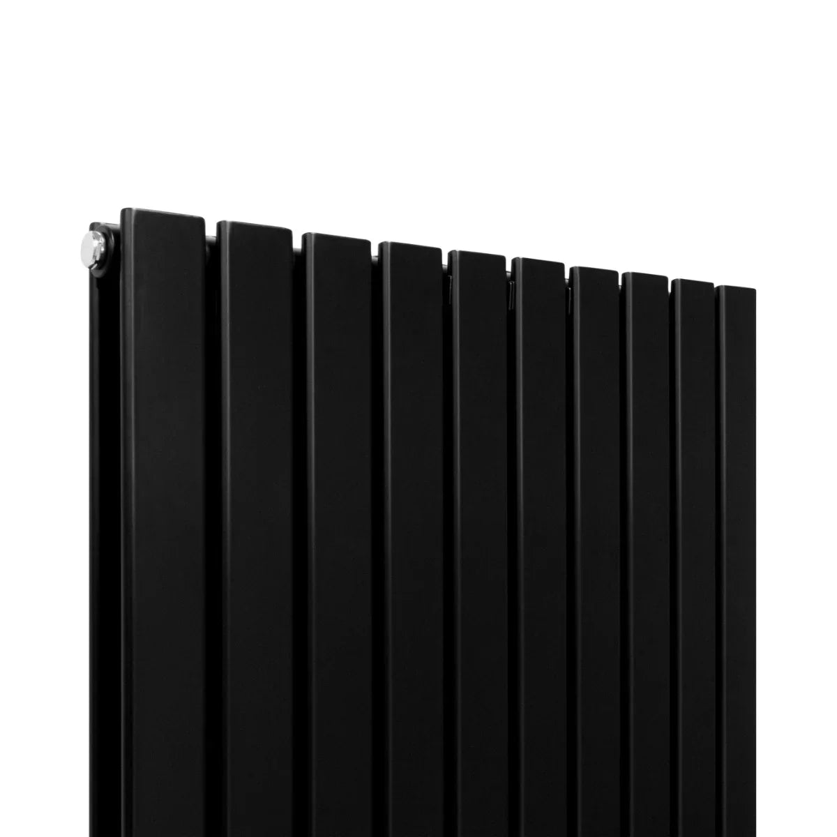 Sleek matt black designer flat panel radiator with vertical slats, measuring 1600mm x 700mm, showcasing a modern aesthetic