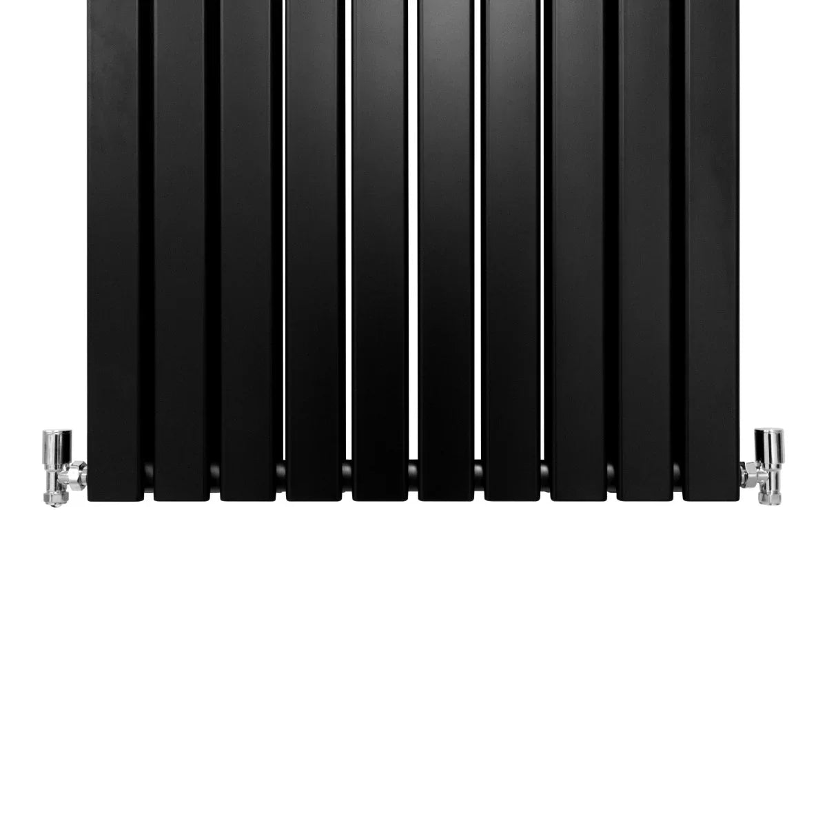 Sleek matt black designer flat panel radiator with vertical slats, measuring 1600mm x 700mm, showcasing modern elegance and style