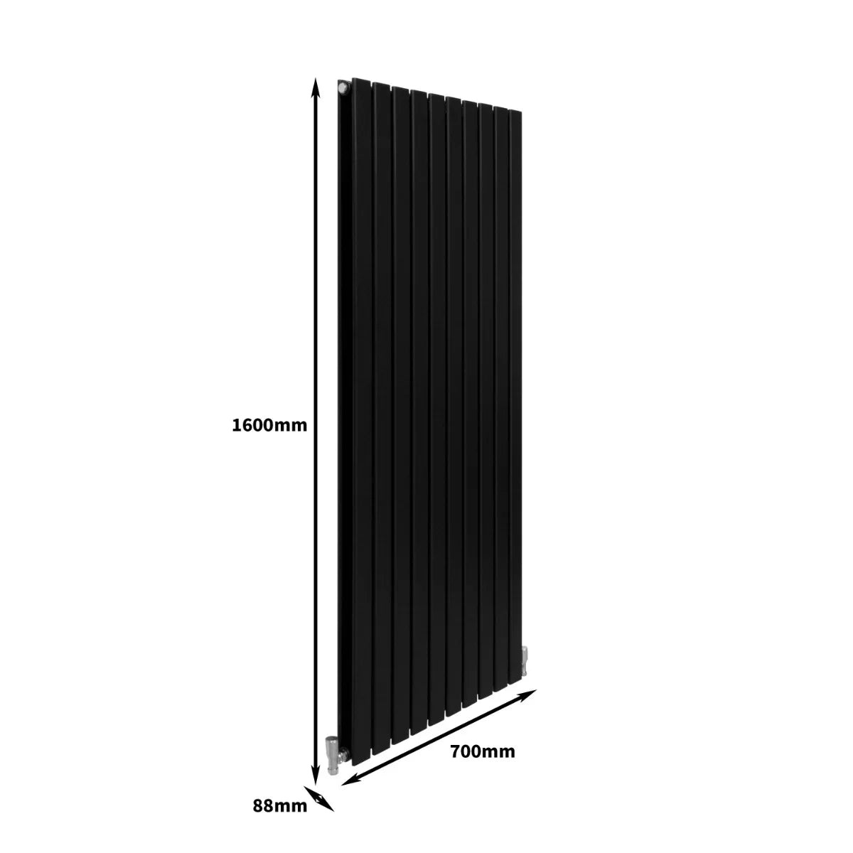 Sleek matt black designer flat panel radiator, measuring 1600mm x 700mm, features vertical slats for modern elegance and efficient heating