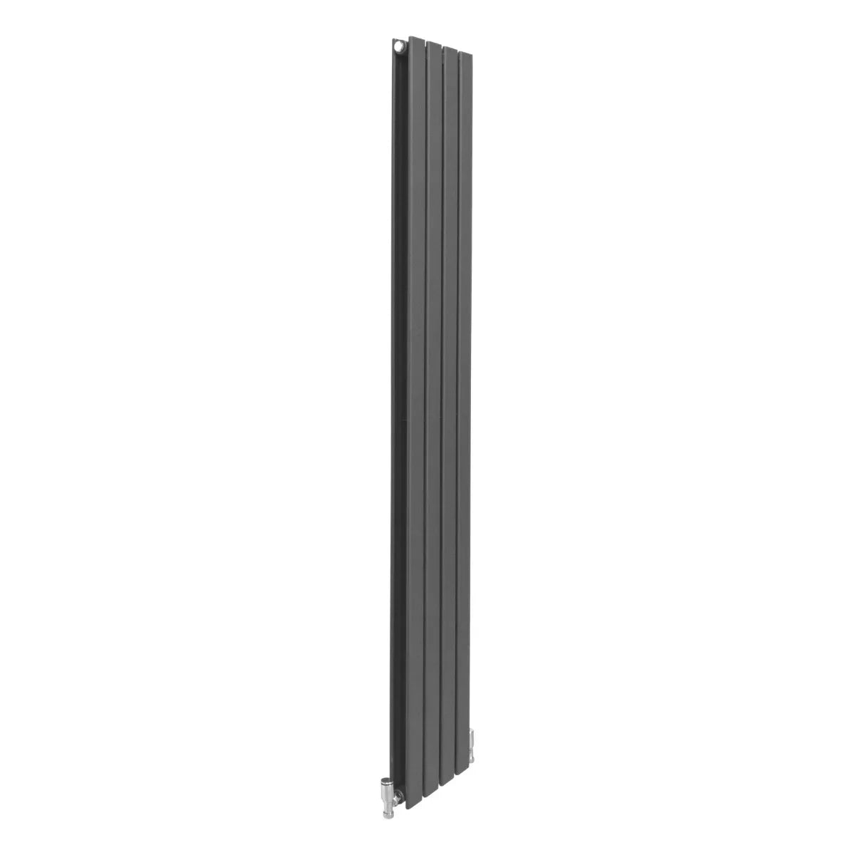 Designer flat panel radiator in anthracite grey, 1800mm x 280mm, featuring a sleek, modern design with vertical slats and a smooth finish