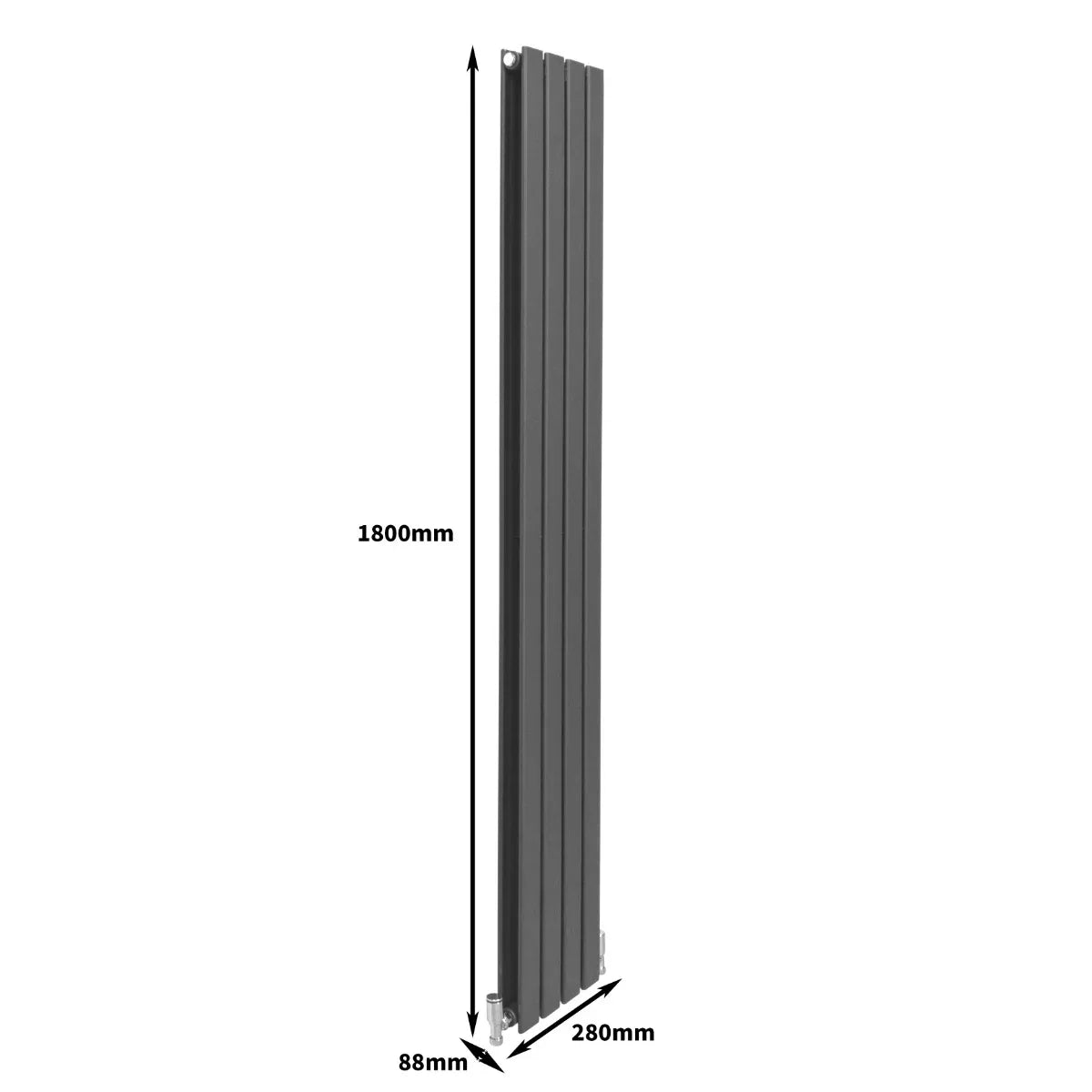 Designer flat panel radiator in anthracite grey, slim vertical design measuring 1800mm x 280mm, showcasing sleek lines and modern finish