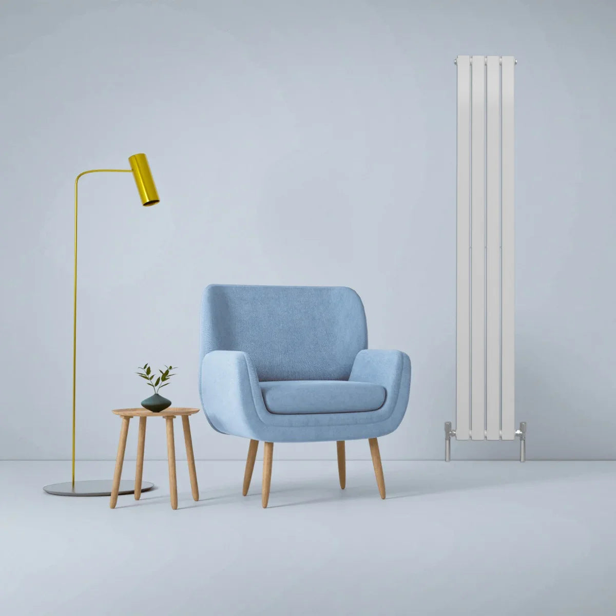 Gloss white designer flat panel radiator, 1800mm x 280mm, sleek vertical design, complements modern decor with a minimalist aesthetic