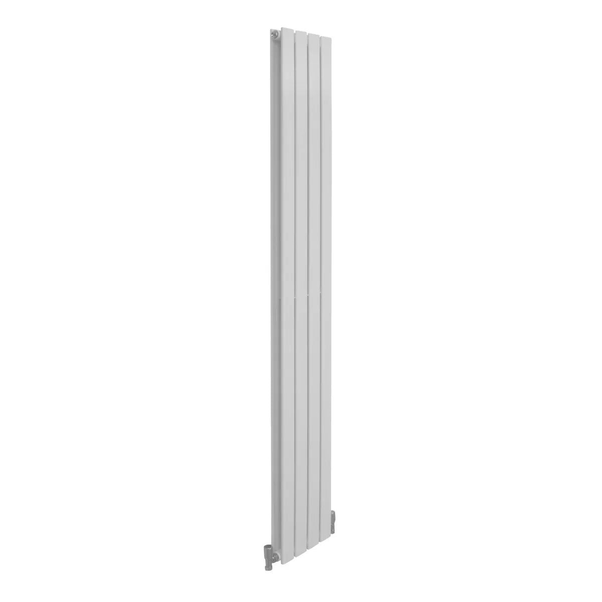 Gloss white designer flat panel radiator, 1800mm x 280mm, featuring a sleek, modern design with vertical lines and a smooth finish