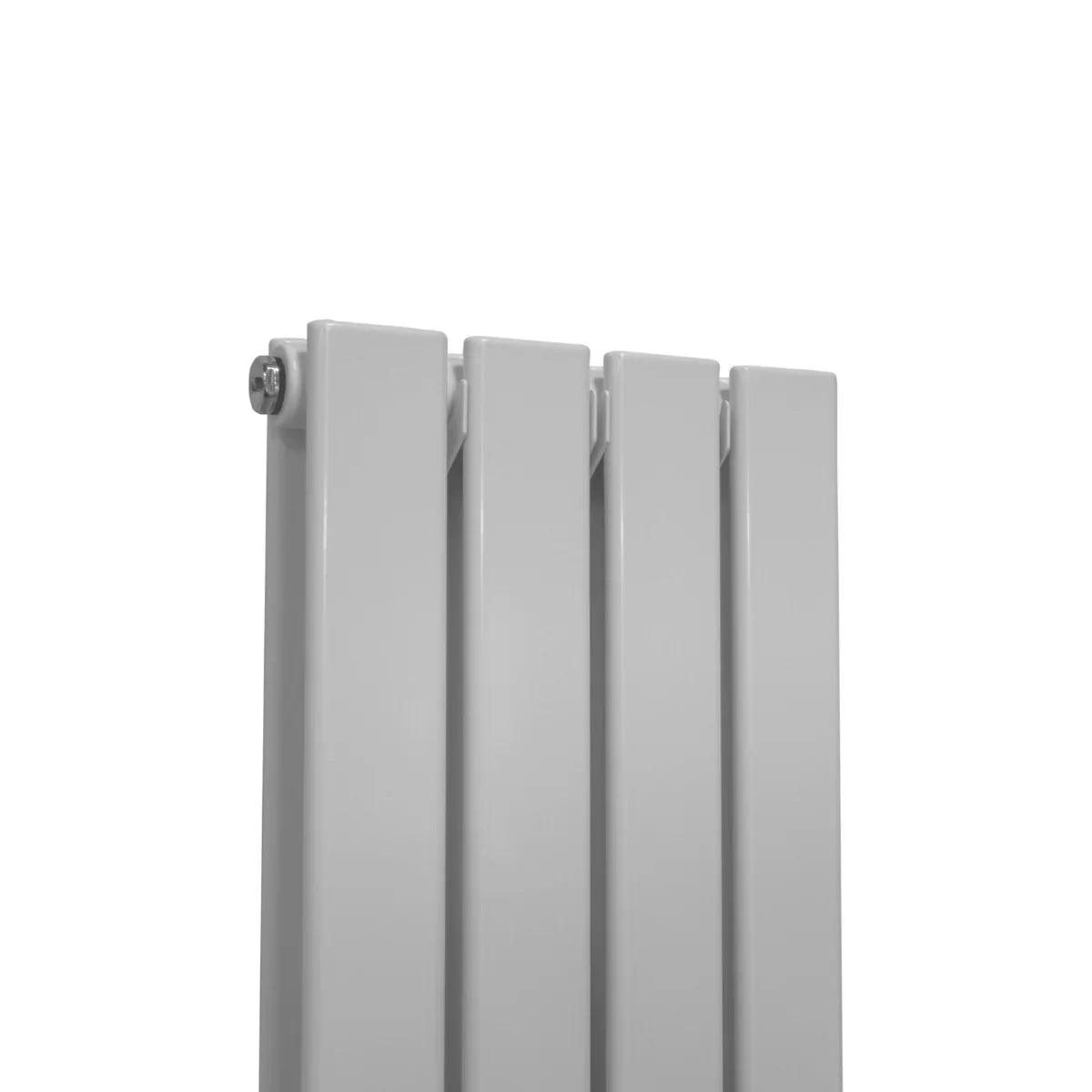 Gloss white designer flat panel radiator, sleek vertical design with smooth texture, measuring 1800mm x 280mm, ideal for modern interiors
