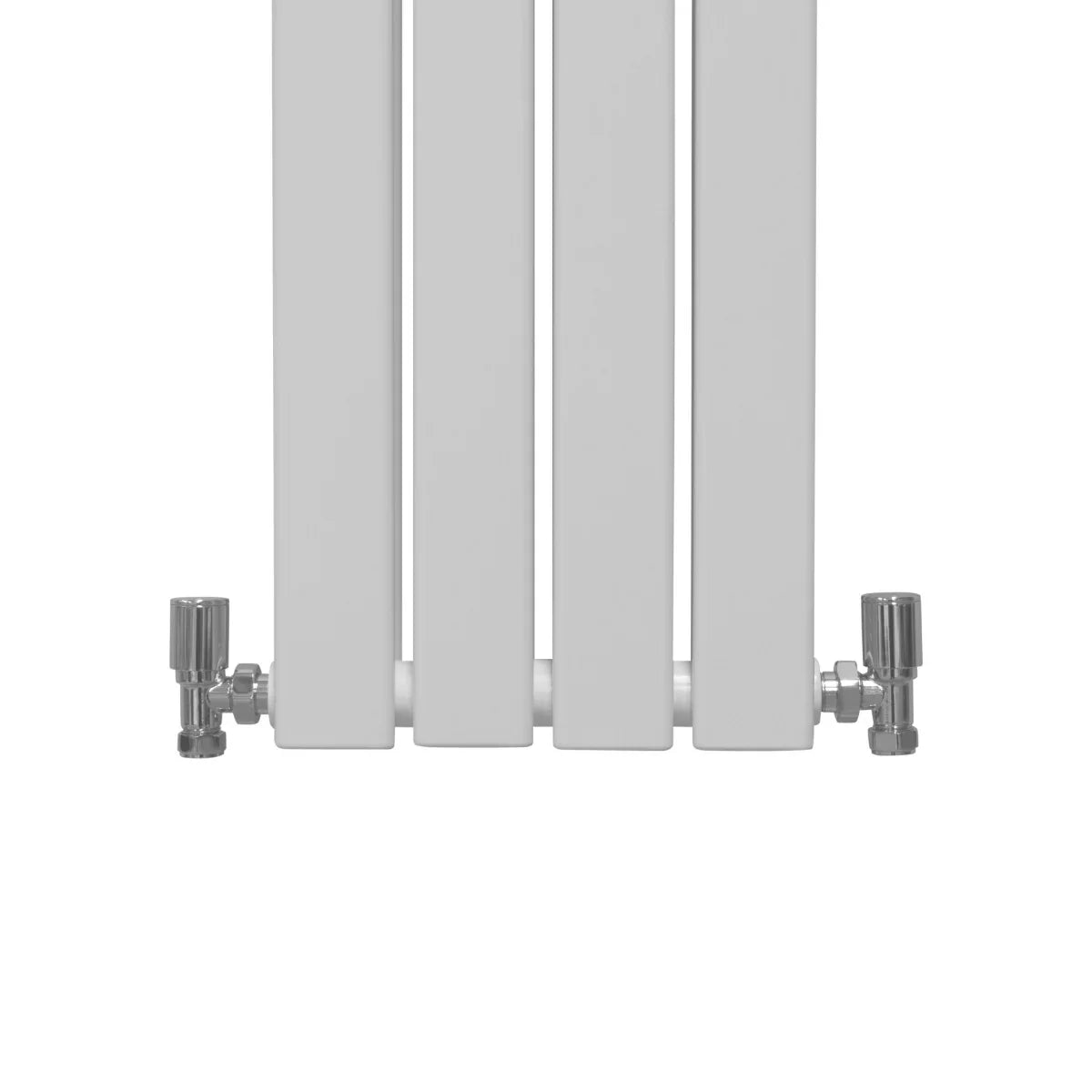 Gloss white designer flat panel radiator with sleek vertical lines, measuring 1800mm x 280mm, featuring chrome valves at the base