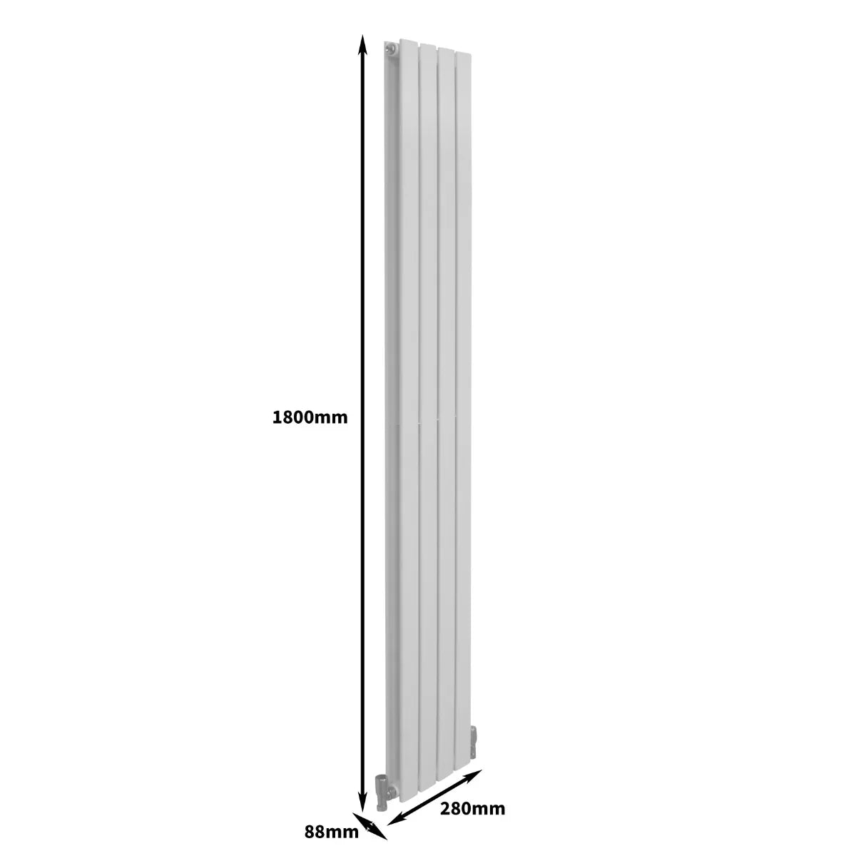 Gloss white designer flat panel radiator, sleek vertical design measuring 1800mm x 280mm, with smooth, modern lines and a minimalist aesthetic