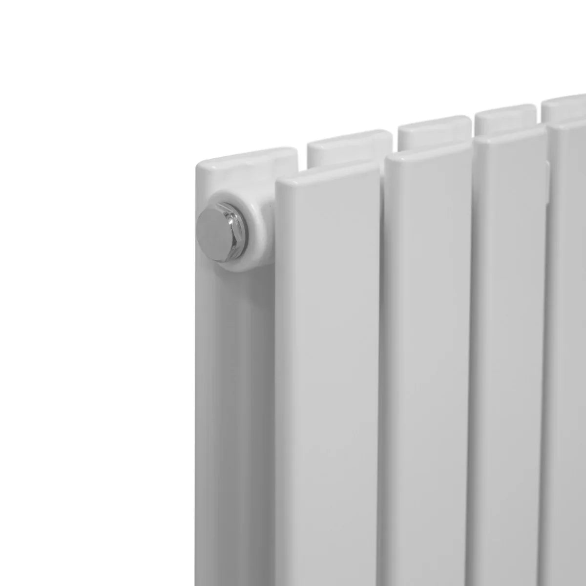 Gloss white designer flat panel radiator with sleek vertical lines, measuring 1800mm x 280mm, showcasing a modern, minimalist design