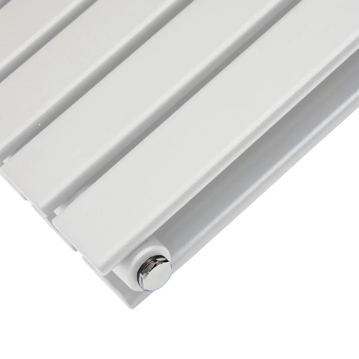 Gloss white designer flat panel radiator with sleek lines, smooth texture, and polished chrome fittings, measuring 1800mm x 280mm