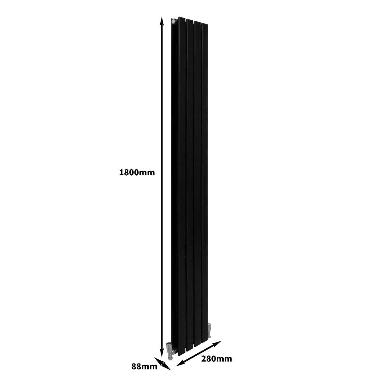 Sleek matt black designer flat panel radiator, 1800mm tall and 280mm wide, featuring a modern vertical design and smooth finish