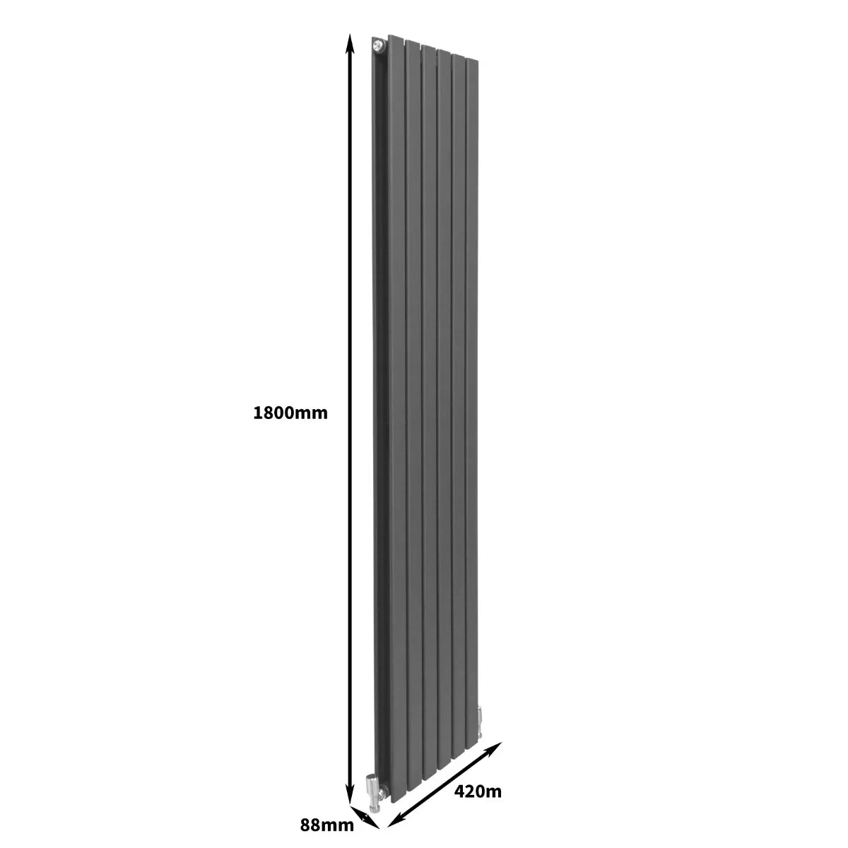 Designer flat panel radiator in anthracite grey, slim vertical design measuring 1800mm x 420mm, showcasing sleek lines and modern finish