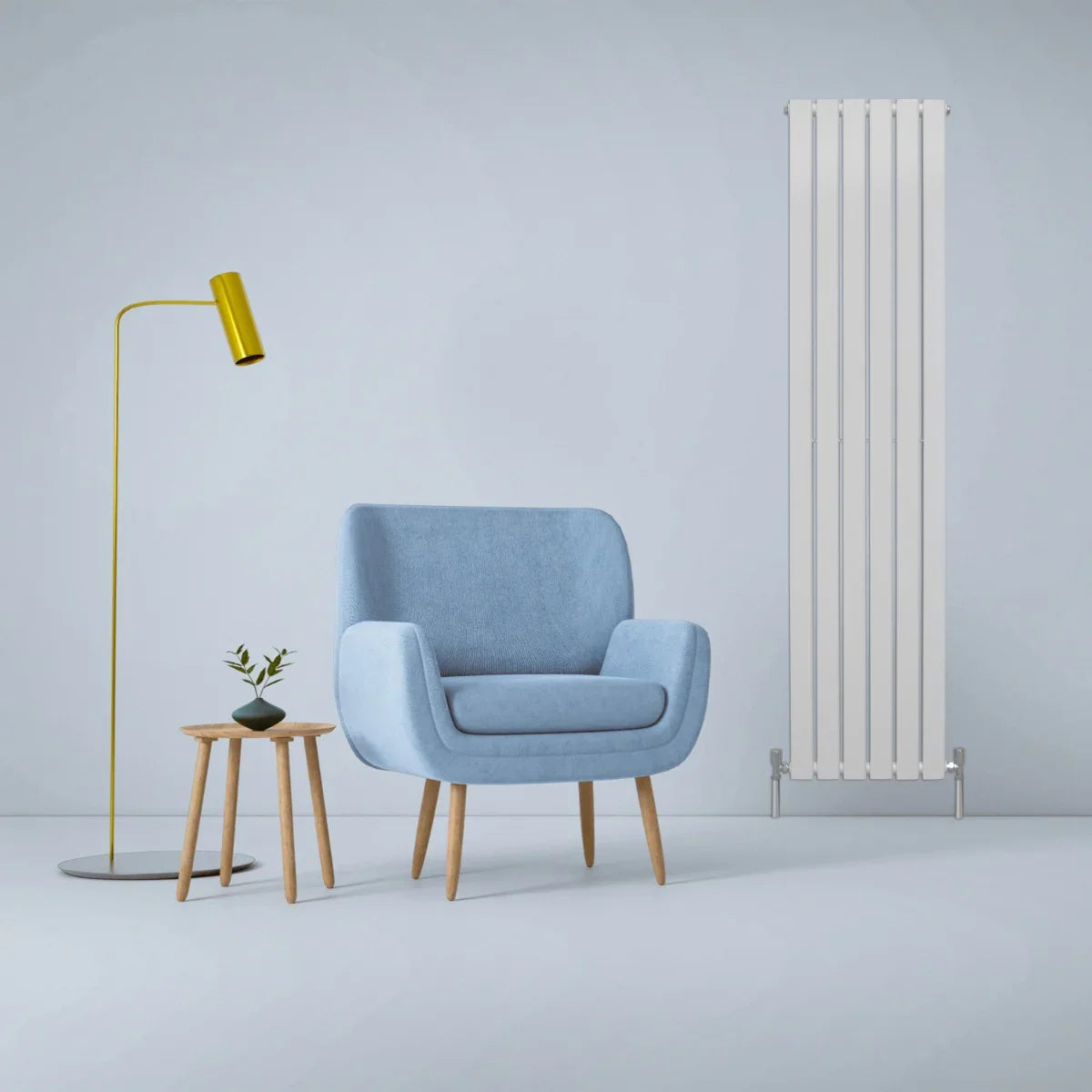 Gloss white designer flat panel radiator, 1800mm x 420mm, sleek vertical design next to a blue armchair and modern lamp in a stylish room setting