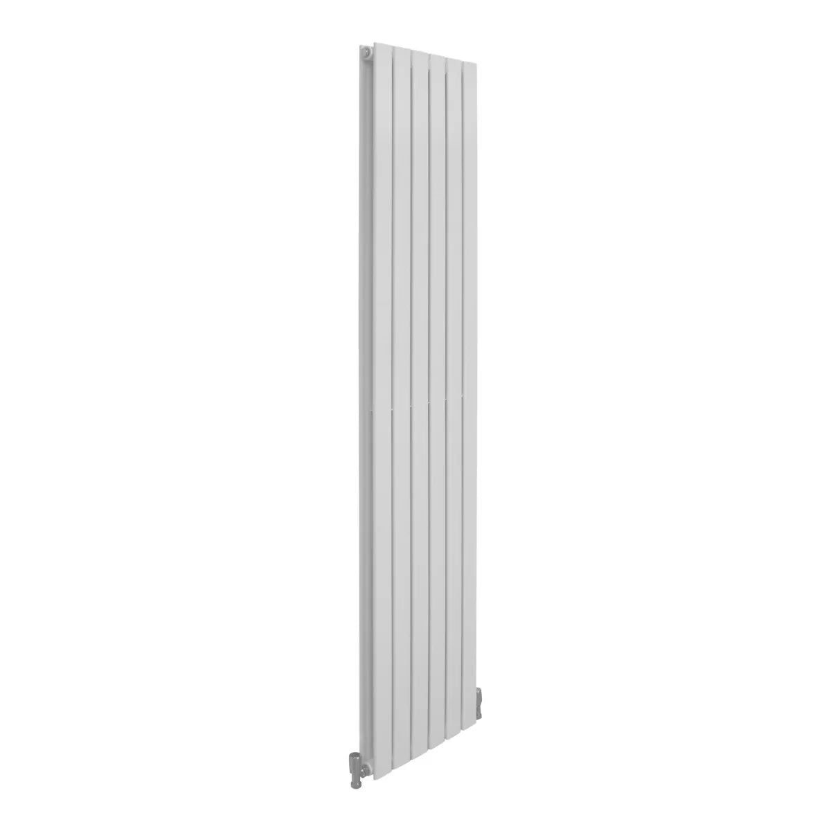 Gloss white designer flat panel radiator, slim vertical design, 1800mm x 420mm, featuring smooth texture and modern aesthetic