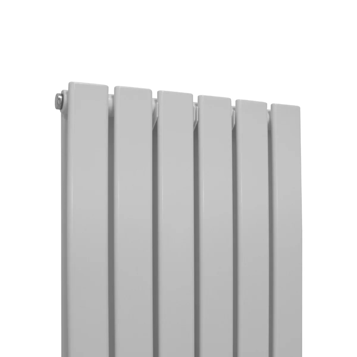 Gloss white designer flat panel radiator with sleek vertical lines, measuring 1800mm x 420mm, showcasing a modern aesthetic
