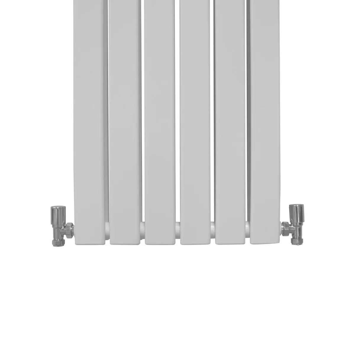 Gloss white designer flat panel radiator, 1800mm x 420mm, featuring sleek vertical lines and modern valve fittings at the base