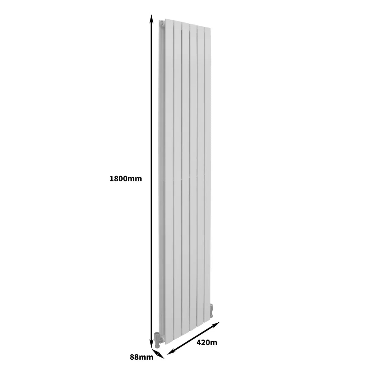 Gloss white designer flat panel radiator, sleek vertical design, dimensions 1800mm x 420mm, modern and stylish home heating solution