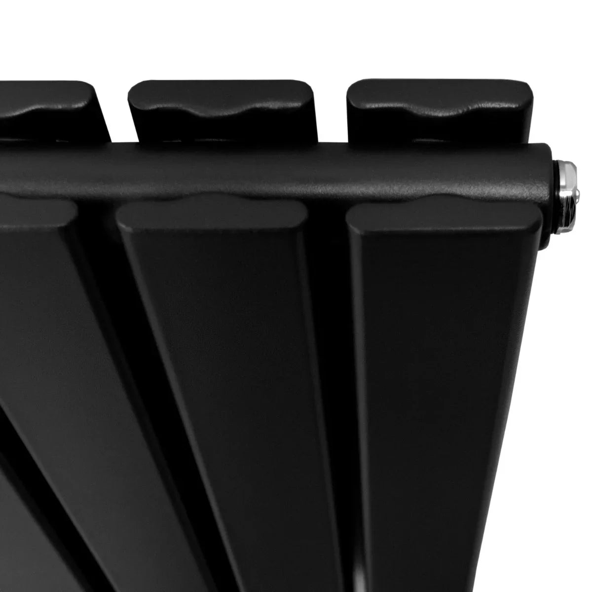 Sleek matt black designer flat panel radiator with a modern, minimalist design, featuring smooth, vertical fins and a sturdy build