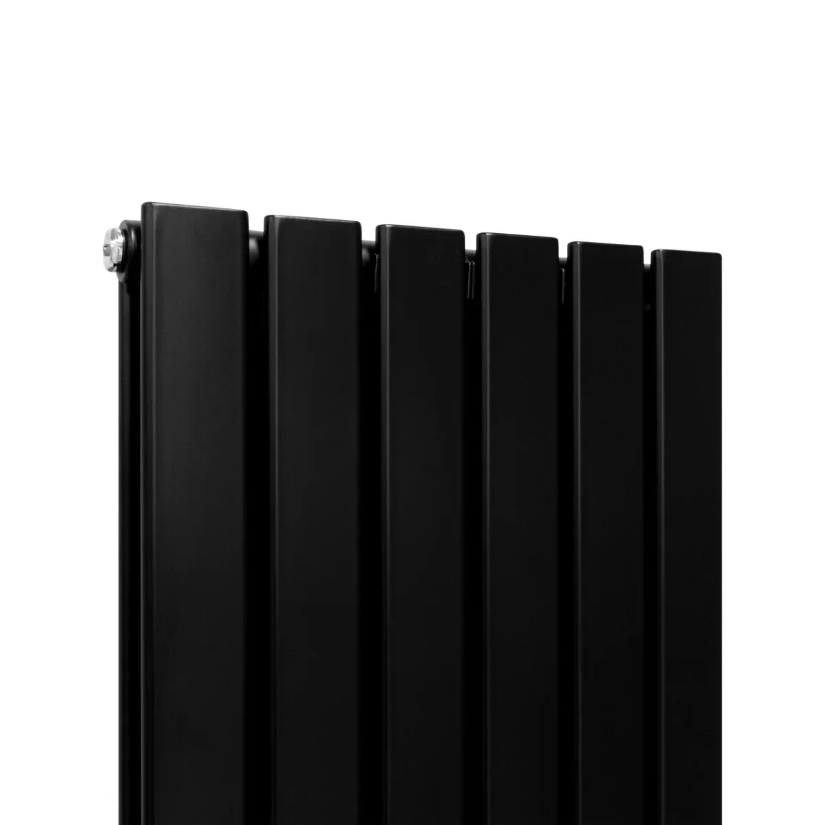 Sleek matt black designer flat panel radiator with vertical slats, measuring 1800mm x 420mm, showcasing modern elegance and durability