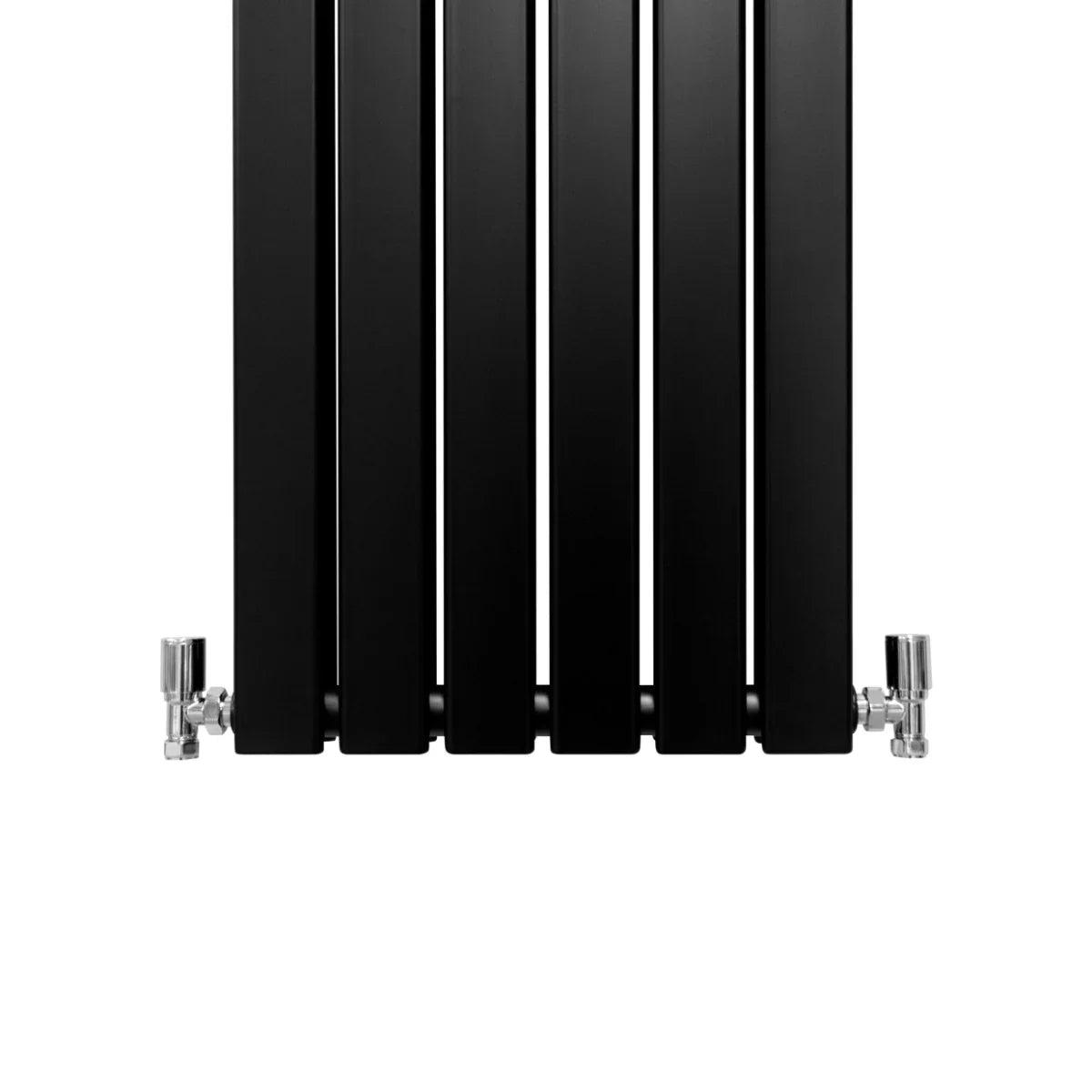 Matt black designer flat panel radiator with sleek vertical lines, measuring 1800mm x 420mm, featuring chrome valves at the base