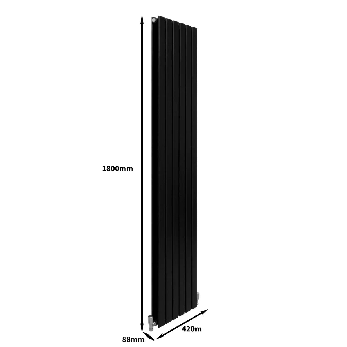 Sleek matt black designer flat panel radiator, 1800mm tall and 420mm wide, featuring vertical slats for modern decor