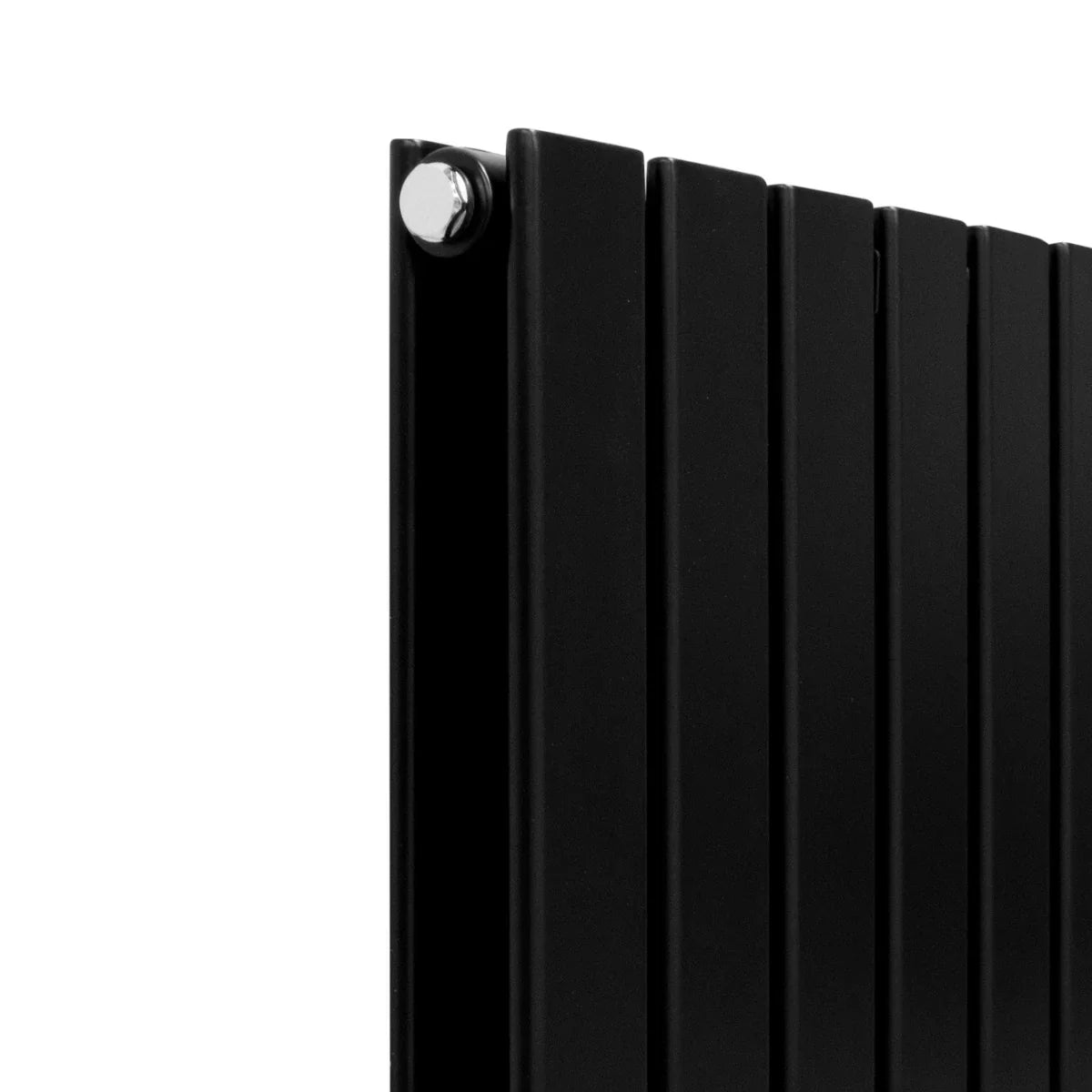 Sleek matt black designer flat panel radiator with vertical slats, measuring 1800mm x 420mm, showcasing modern elegance and durability