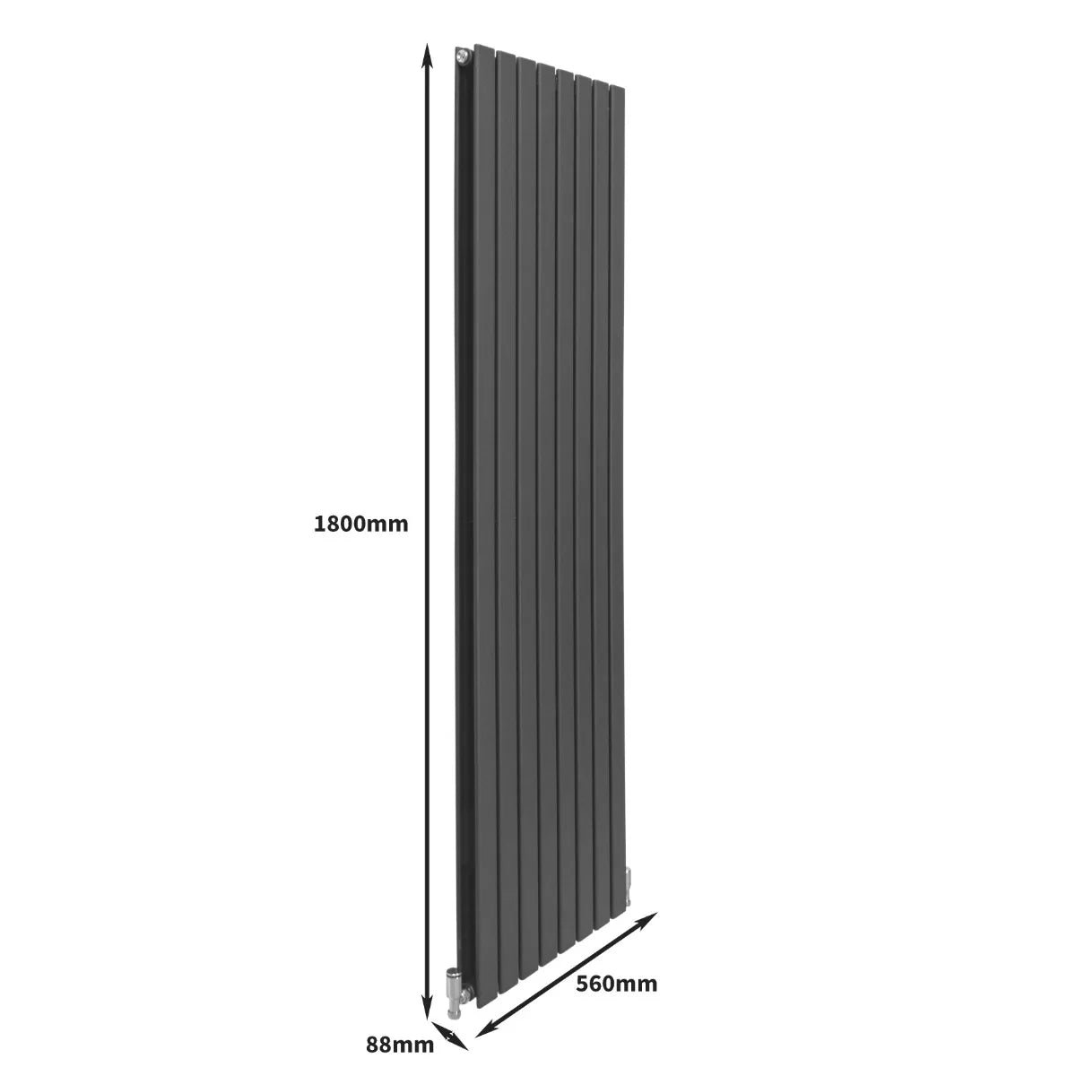Designer flat panel radiator in anthracite grey, 1800mm tall and 560mm wide, featuring a sleek, vertical design with a smooth finish