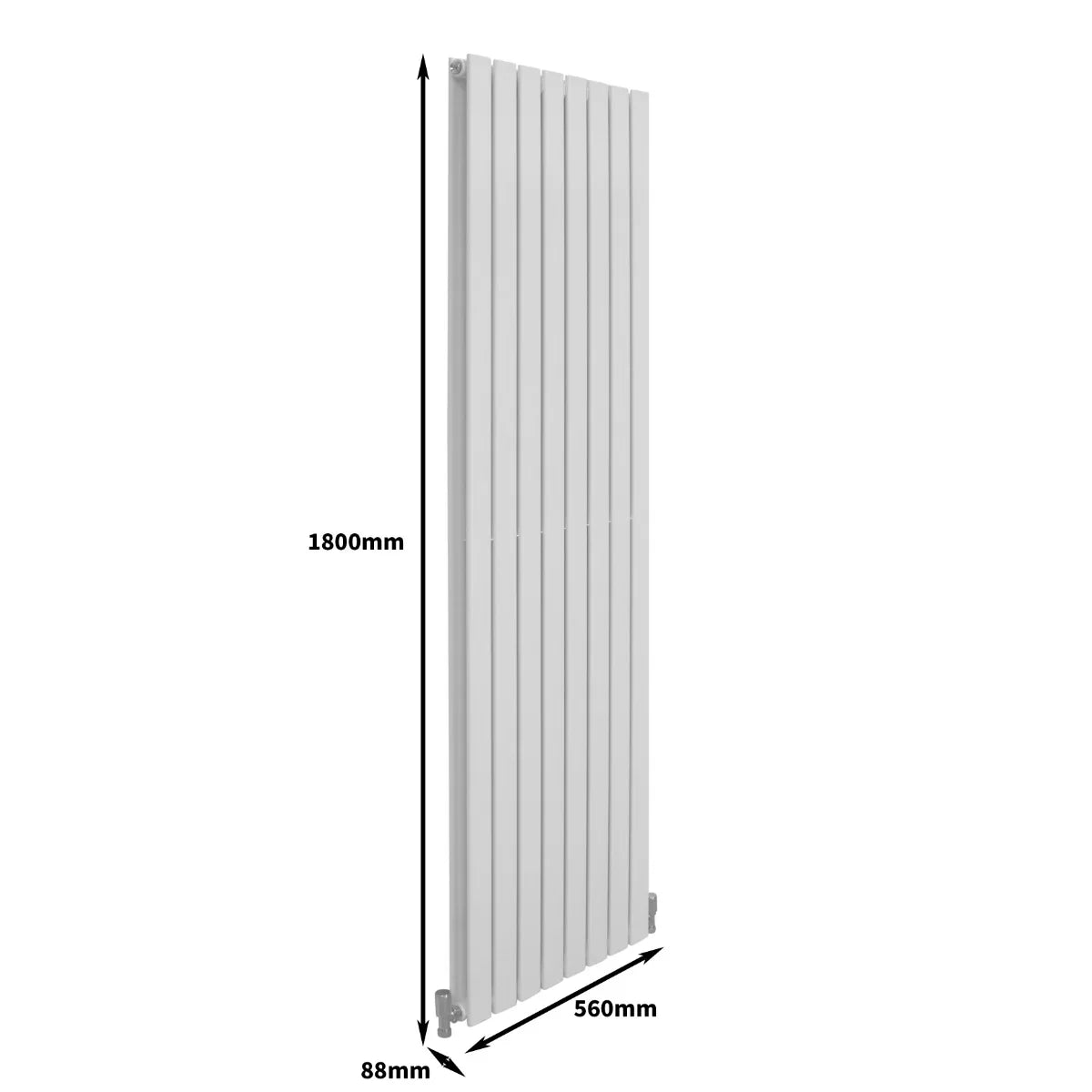 Gloss white designer flat panel radiator, 1800mm x 560mm, featuring sleek vertical lines and a modern minimalist design