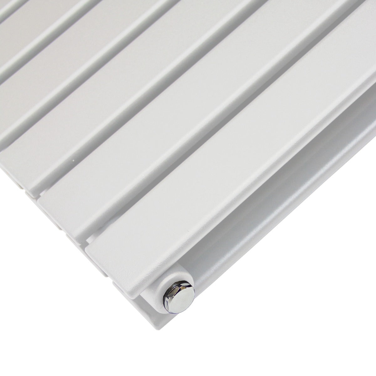 Gloss white designer flat panel radiator with sleek, horizontal slats and polished chrome fittings, measuring 1800mm x 560mm