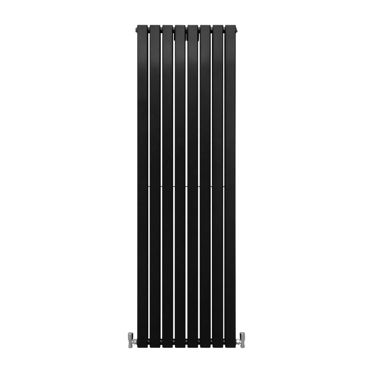 Matt black designer flat panel radiator, 1800mm x 560mm, featuring sleek vertical lines and a modern minimalist design