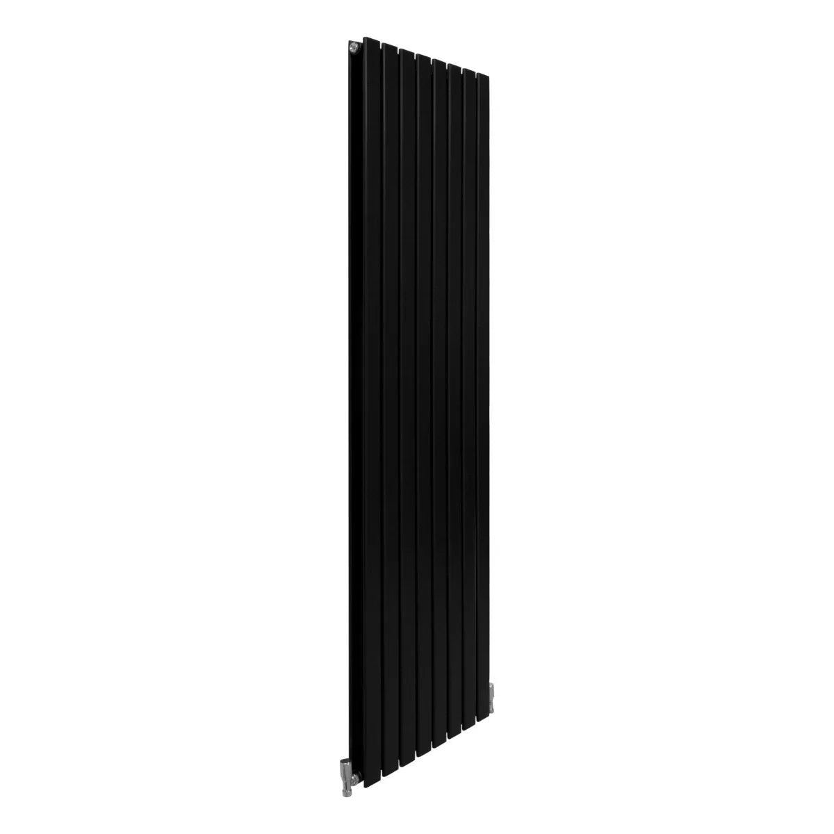 Sleek matt black designer flat panel radiator, 1800mm x 560mm, featuring vertical slats for modern heating efficiency and style