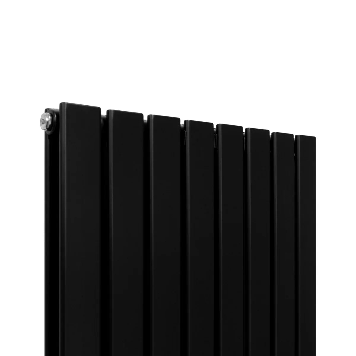 Sleek matte black designer flat panel radiator with vertical slats, measuring 1800mm x 560mm, showcasing modern elegance