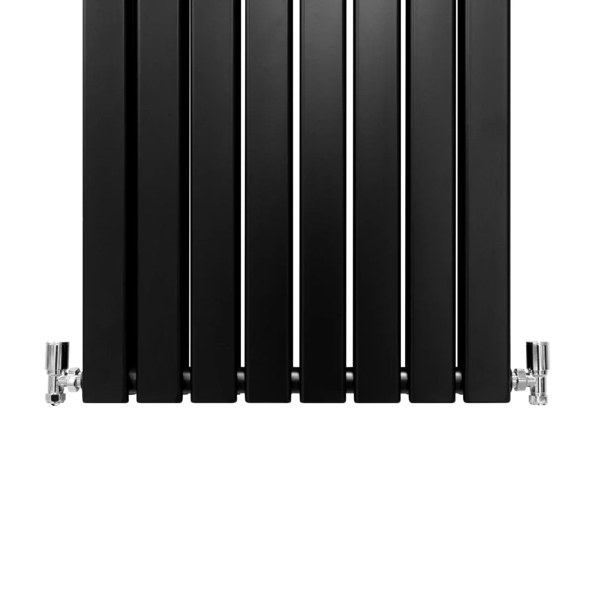 Matt black designer flat panel radiator, 1800mm x 560mm, featuring sleek vertical lines and polished chrome valves for a modern look