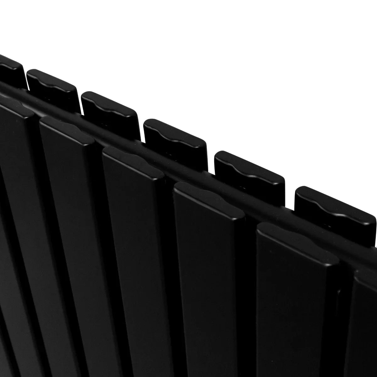 Sleek matt black designer flat panel radiator with a modern, minimalist design, measuring 1800mm x 560mm, showcasing vertical lines
