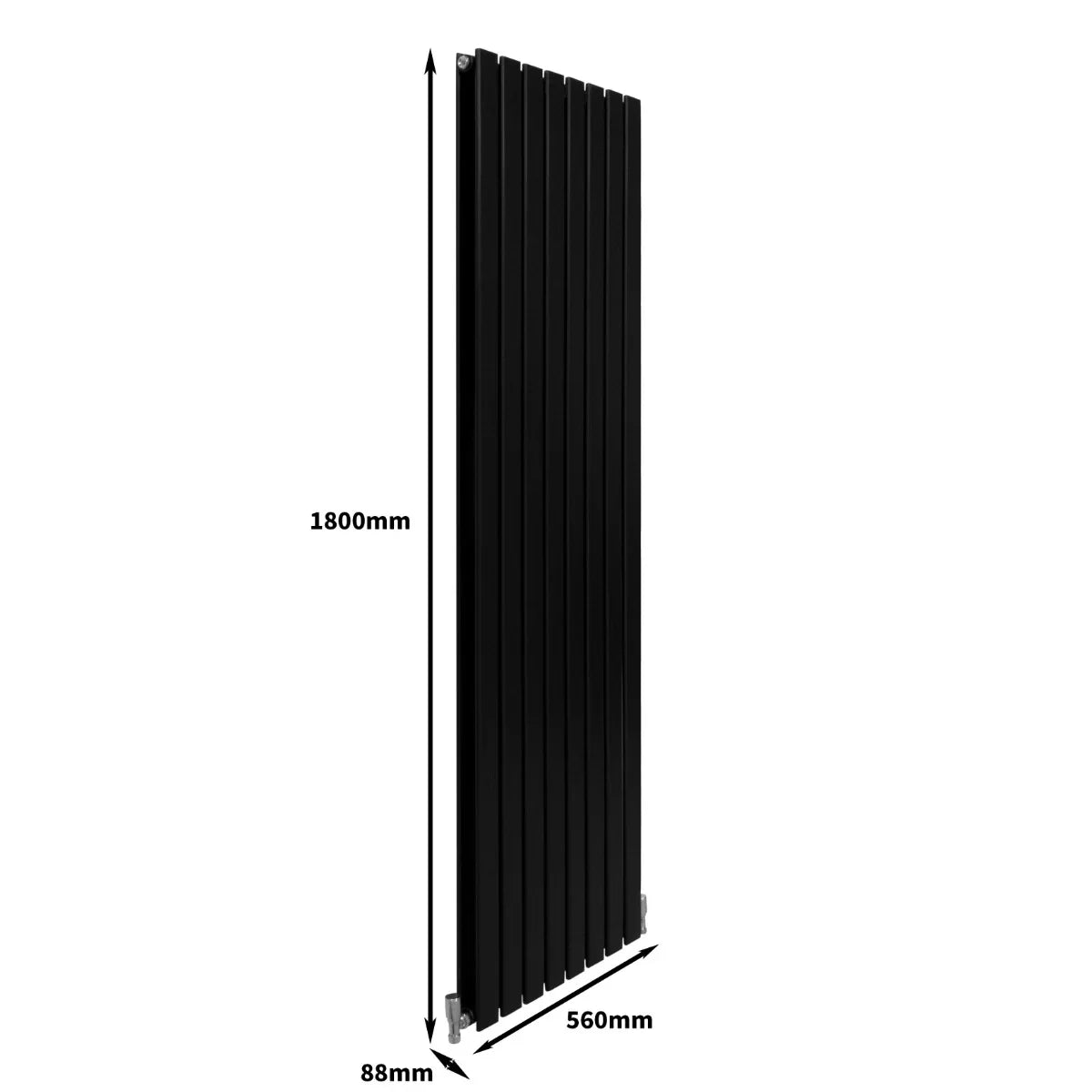 Sleek matt black designer flat panel radiator, 1800mm x 560mm, featuring vertical slats and a modern minimalist design