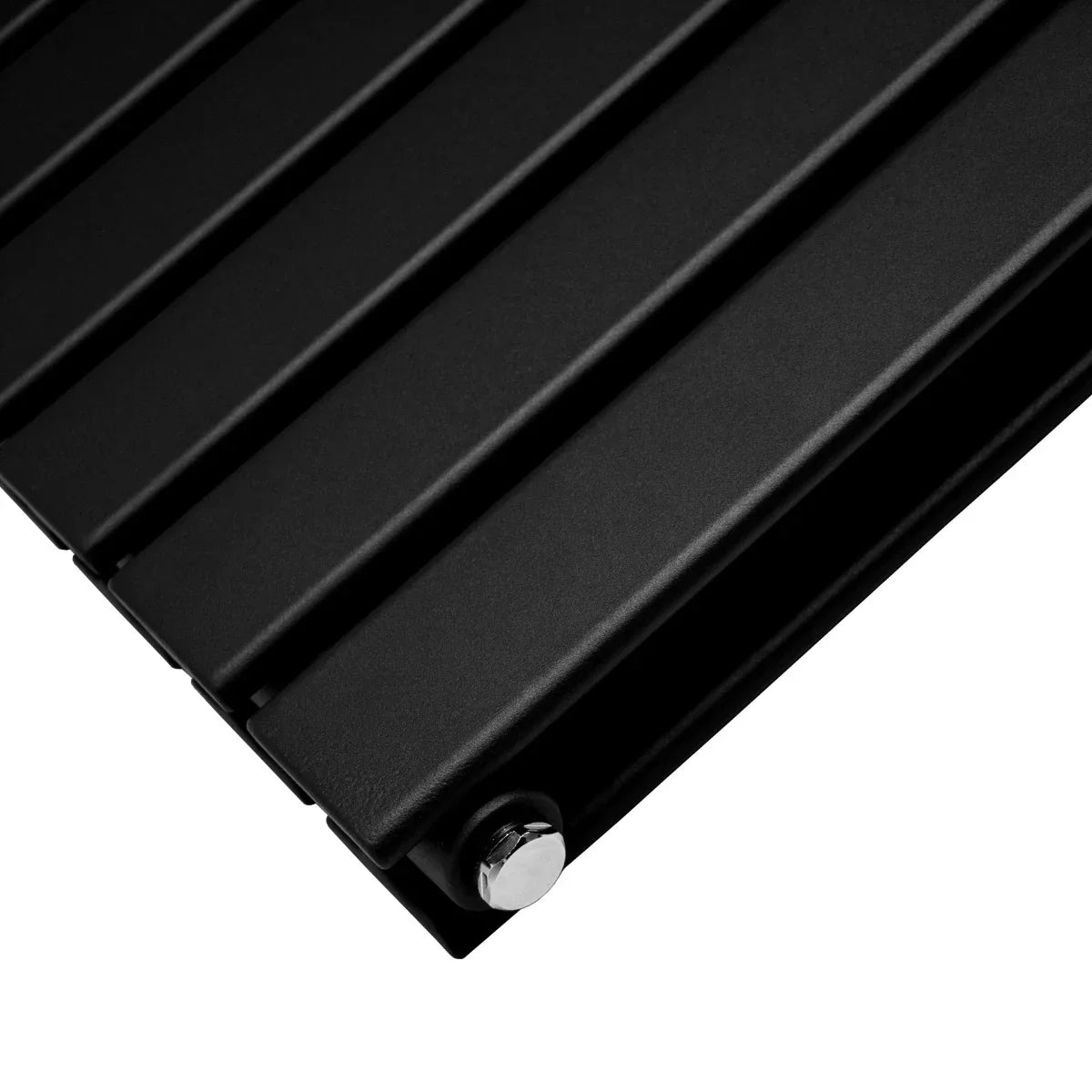 Sleek matt black designer flat panel radiator with horizontal slats, showcasing a modern finish and durable material, ideal for stylish interiors