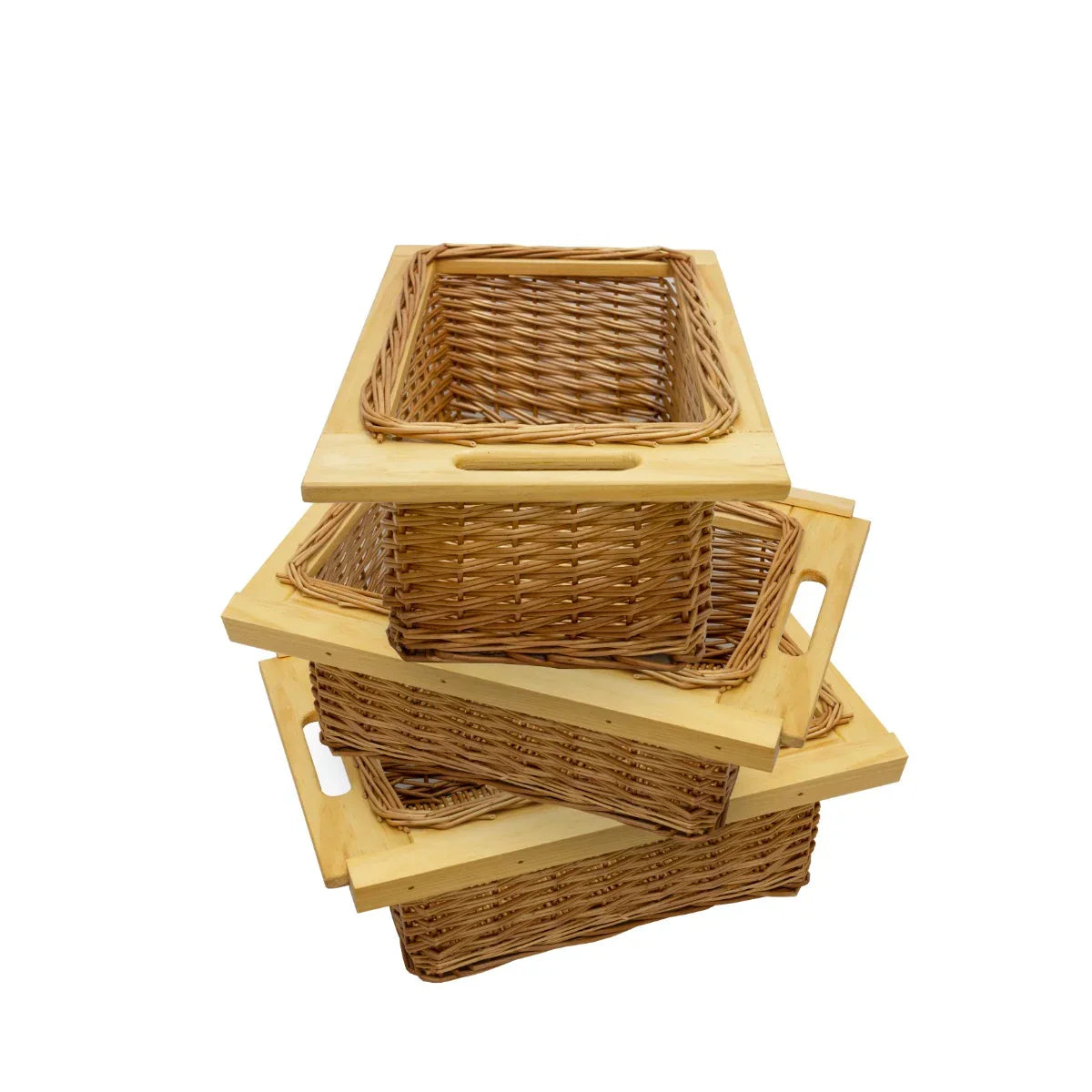 Three pull-out wicker kitchen baskets with wooden handles, featuring a natural brown finish and a rectangular shape, ideal for storage