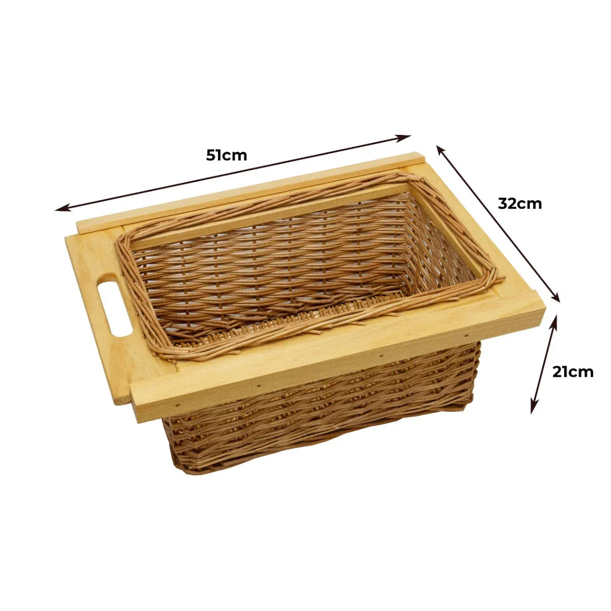 Pull-out wicker kitchen basket with wooden handle, measuring 51cm x 32cm x 21cm, featuring a natural woven texture for stylish storage