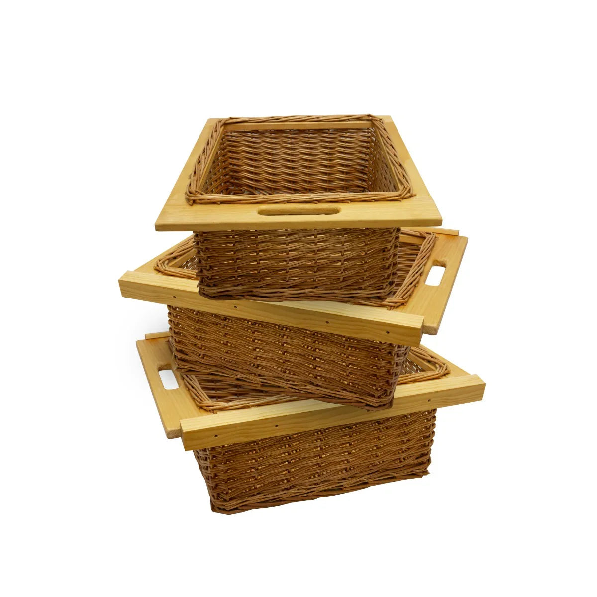 Three pull-out wicker kitchen baskets stacked, featuring natural brown woven texture and wooden handles, ideal for storage