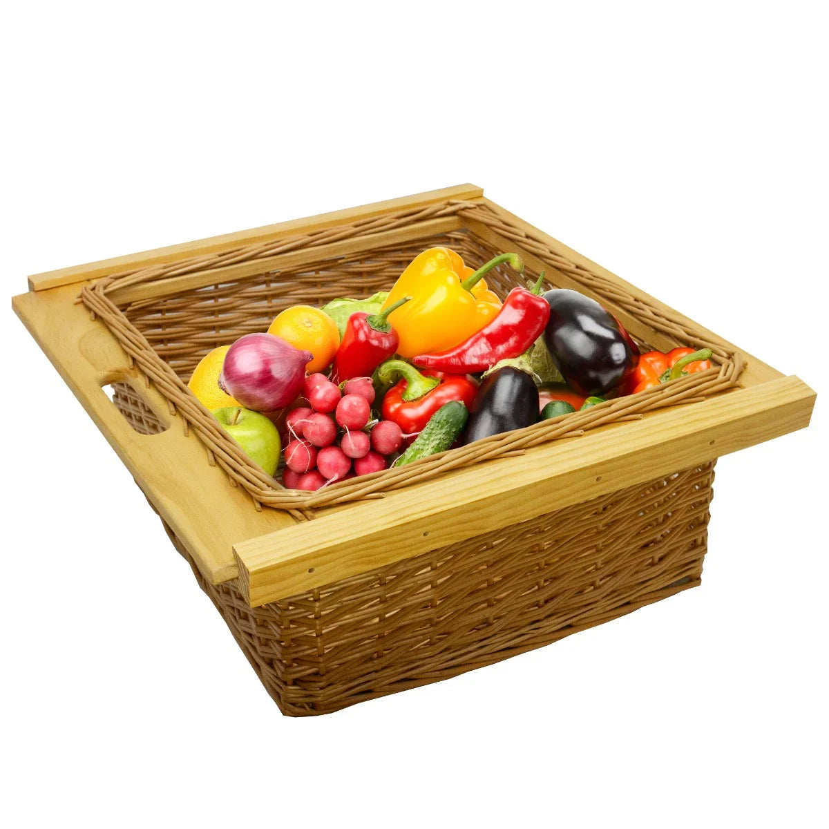 Pull-out wicker kitchen basket filled with colorful fruits and vegetables, featuring a sturdy wooden frame and textured weave design