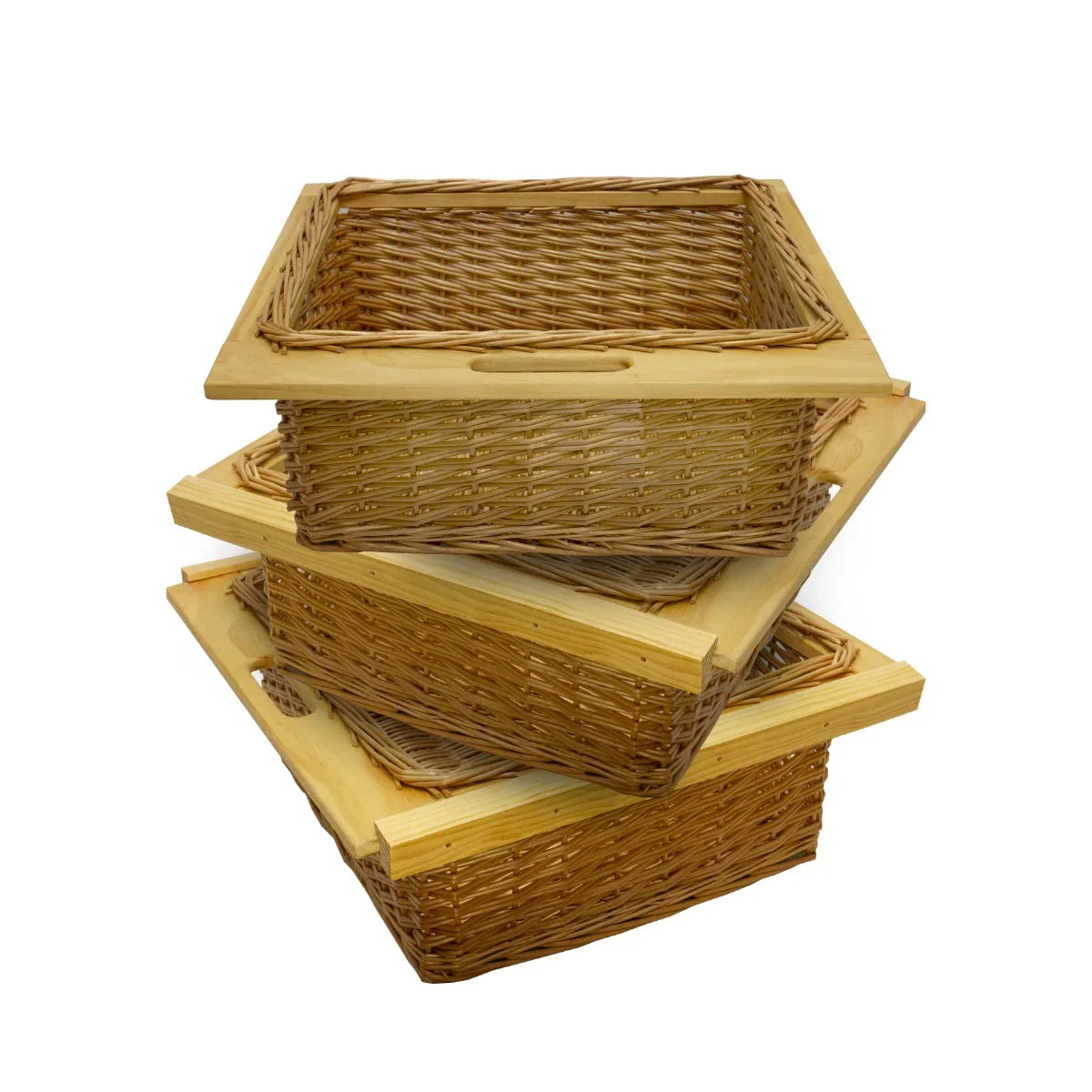 Three stacked pull-out wicker kitchen baskets with wooden handles, featuring a natural woven texture and rectangular shape