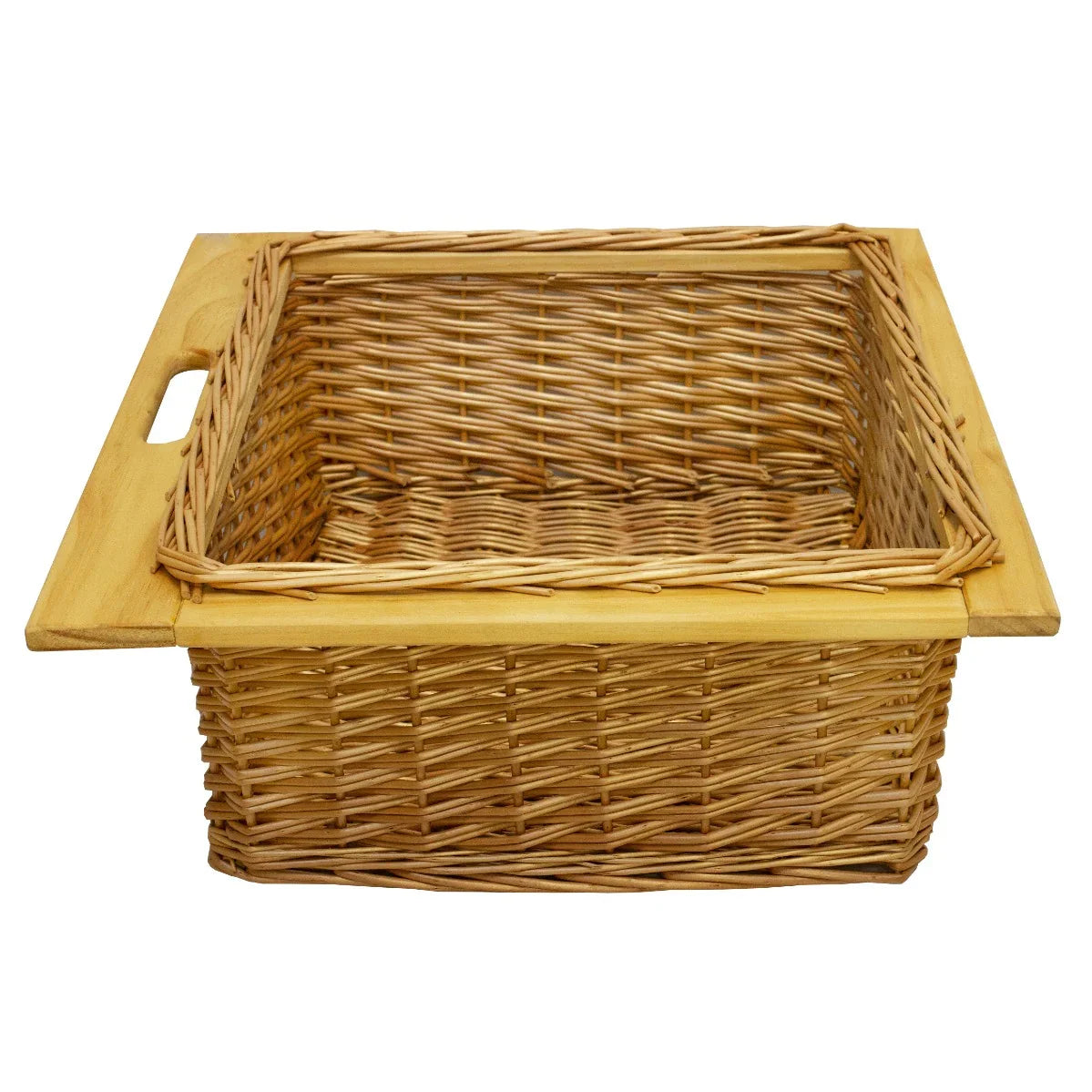 Wicker kitchen basket with a wooden top, featuring a square shape, natural beige color, and woven texture for stylish storage solutions